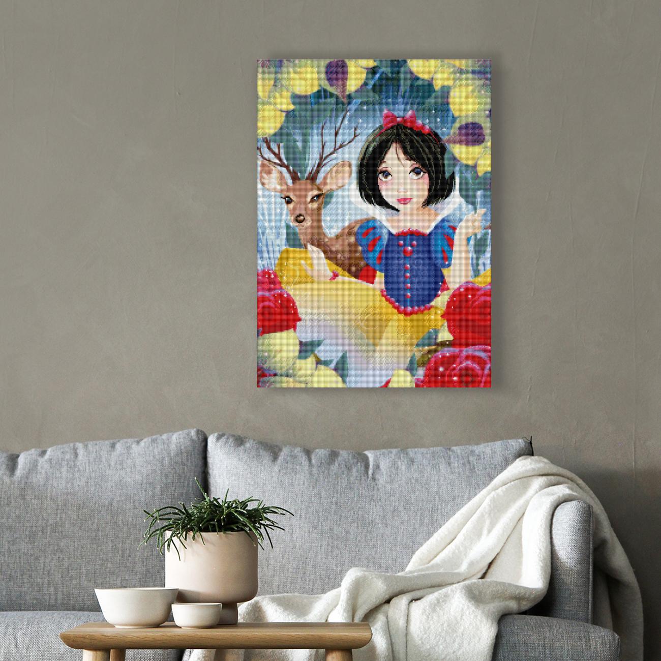 Diamond Painting Schneewittchen mit Reh im Wald als märchenhafte Wanddekoration für dein Zuhause