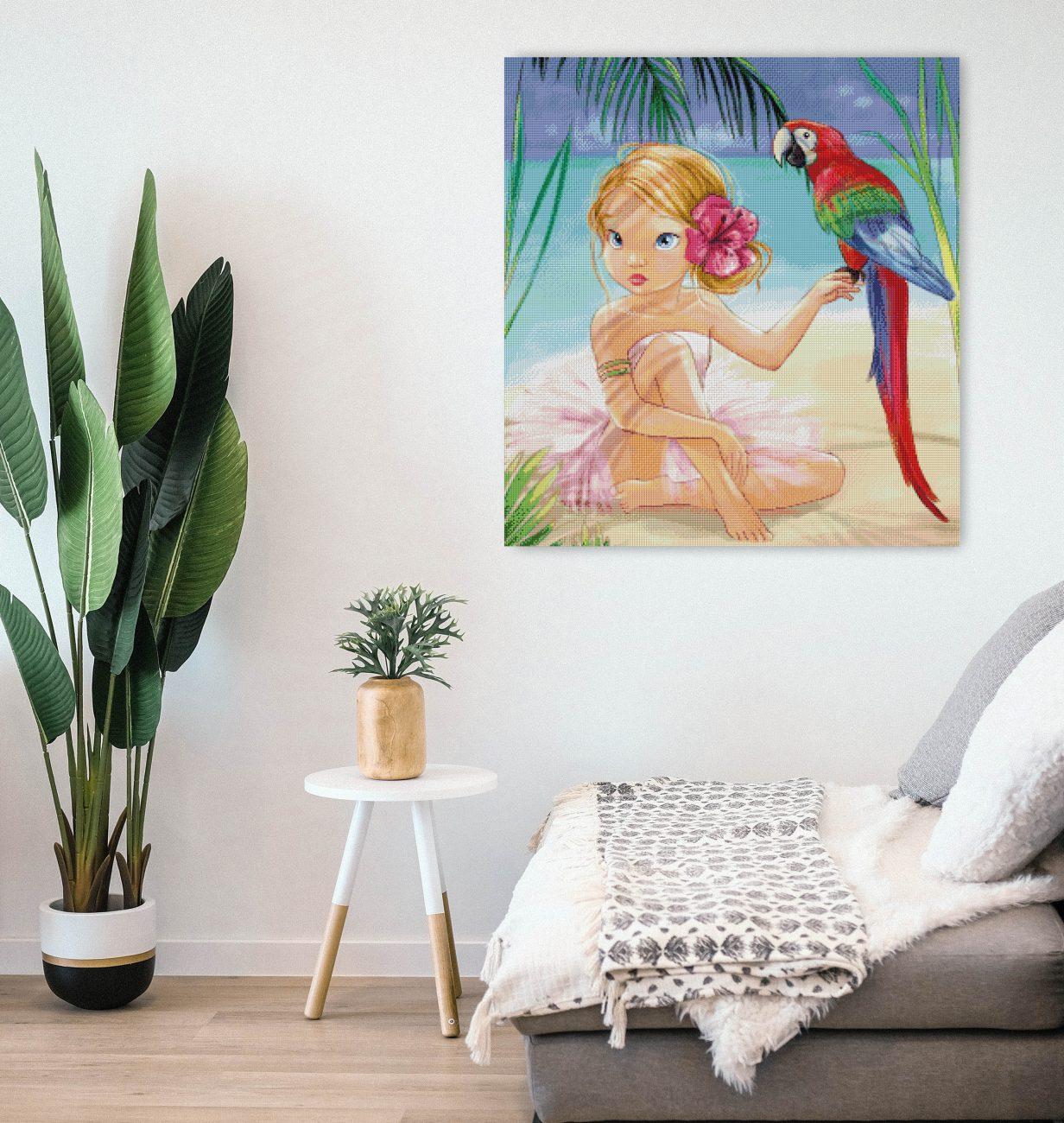 Diamond Painting Mädchen im Ballerina Tutu mit Papagei als zauberhafte Wanddekoration für dein Zuhause