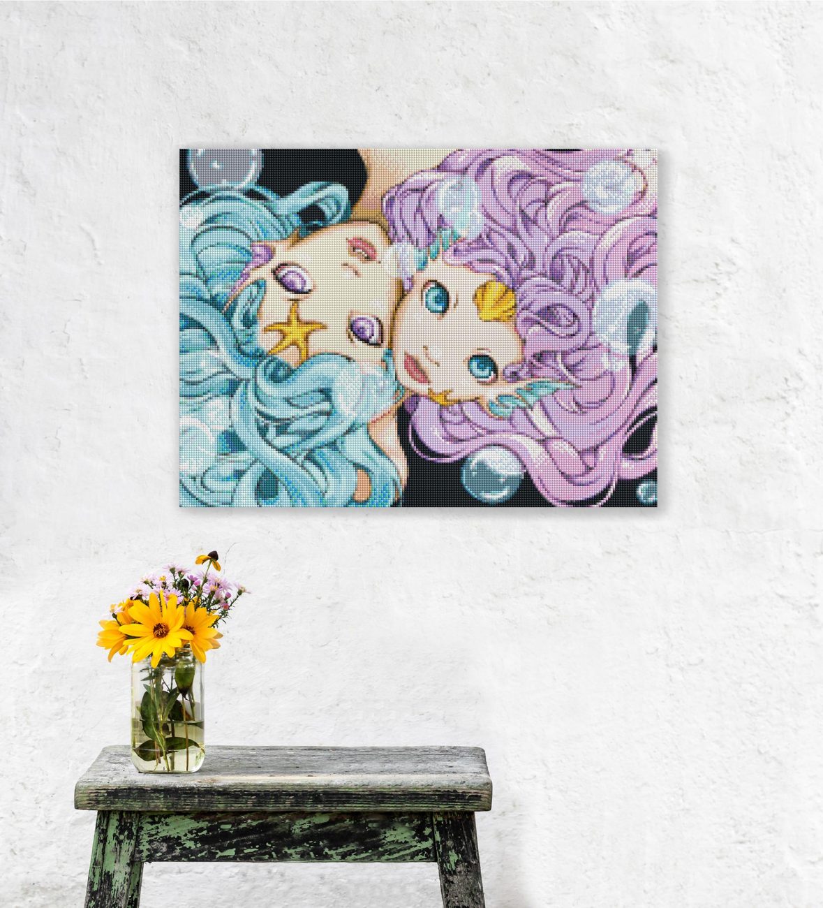 Diamond Painting zwei Meerjungfrauen als zauberhafte Unterwasser Wanddekoration