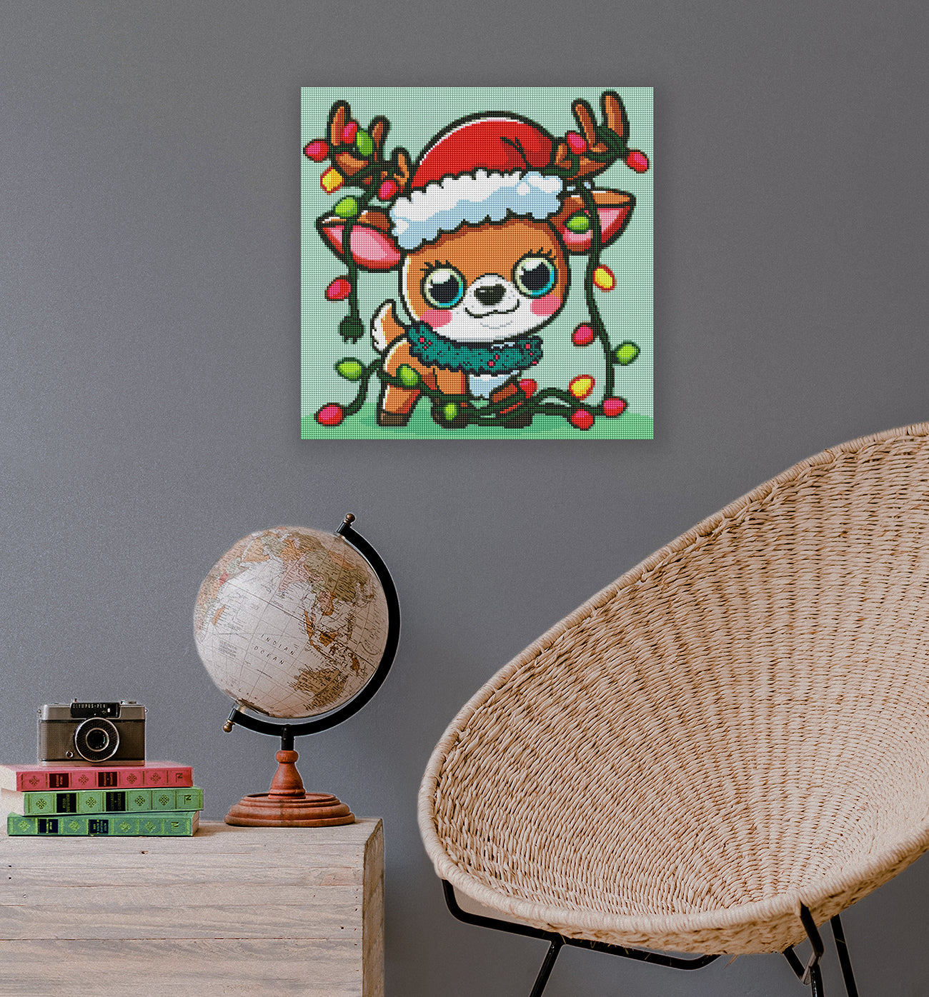 Festliches Diamond Painting mit Rentier und bunter Lichterkette als stimmungsvolle Weihnachtsdekoration
