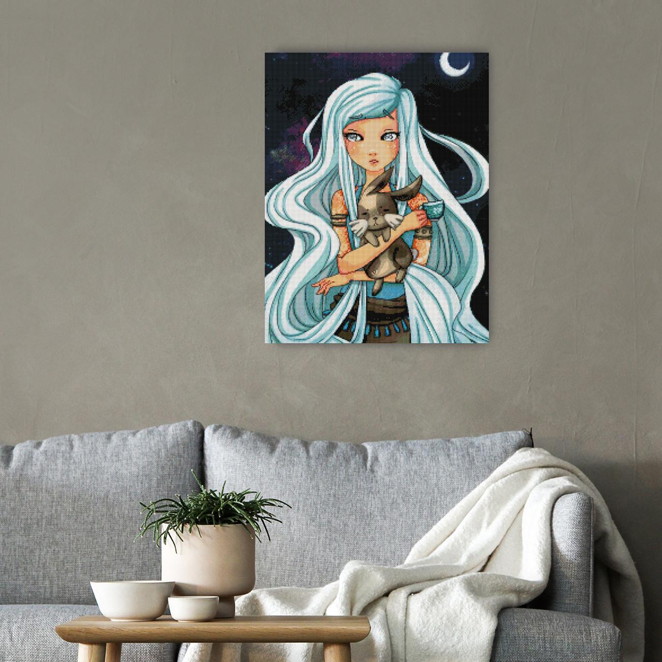 Verträumtes Diamond Painting mit Mädchen, Hase und Teestunde im Mondschein als zauberhafte Wanddekoration