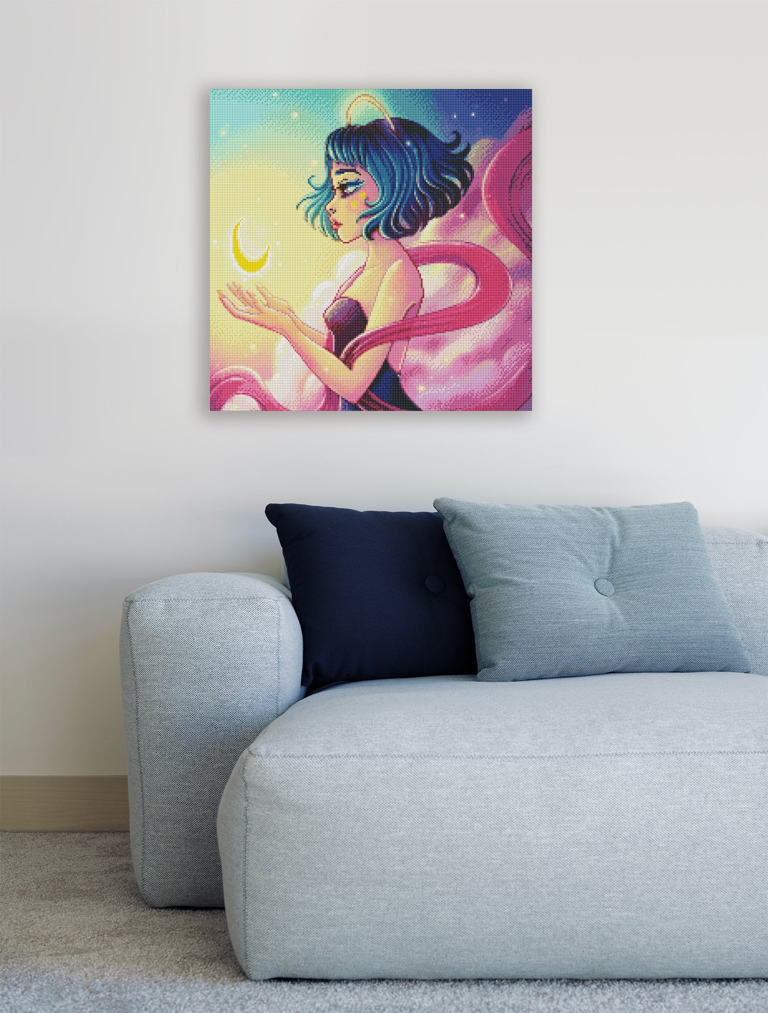 Diamond Painting Mädchen mit Mond als verträumte Wanddekoration im Wohnbereich