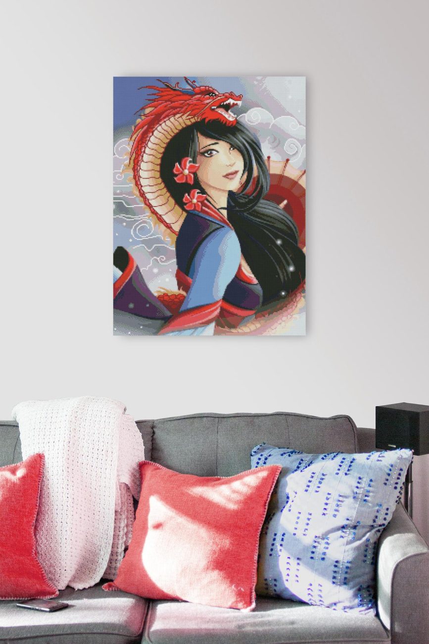 Diamond Painting Mulan mit rotem Drachen als asiatisch inspirierte Fantasy Wanddekoration