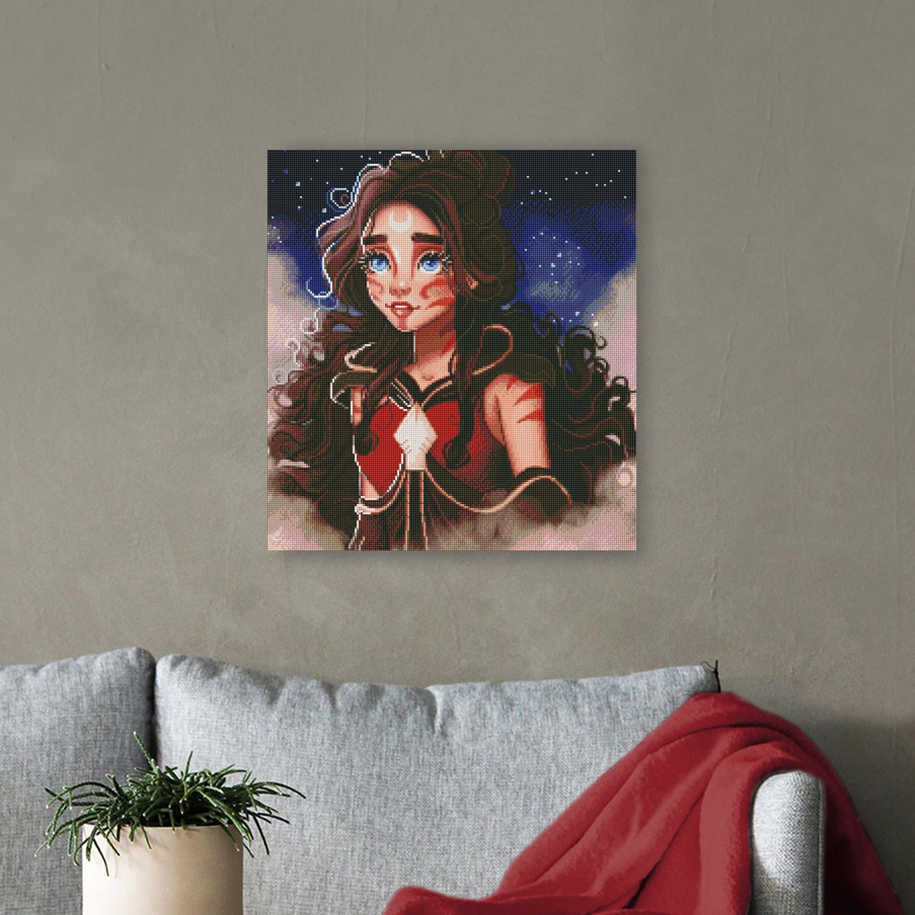 Mystisches Diamond Painting mit Mädchen im roten Kleid und funkelndem Sternenhimmel als außergewöhnliche Wanddekoration