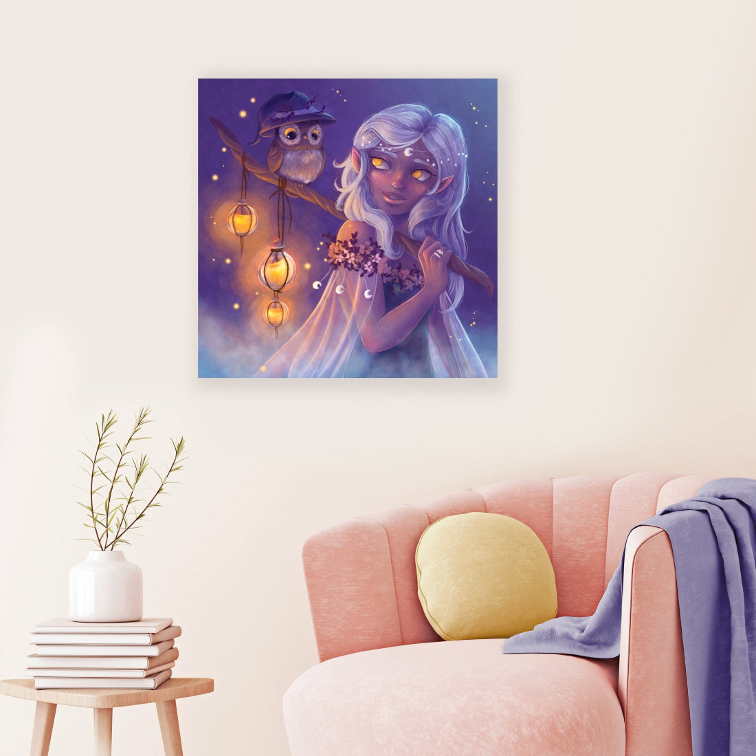 Mystisches Diamond Painting mit Nebelfee, Eule und Laternen als märchenhafte Fantasy Dekoration