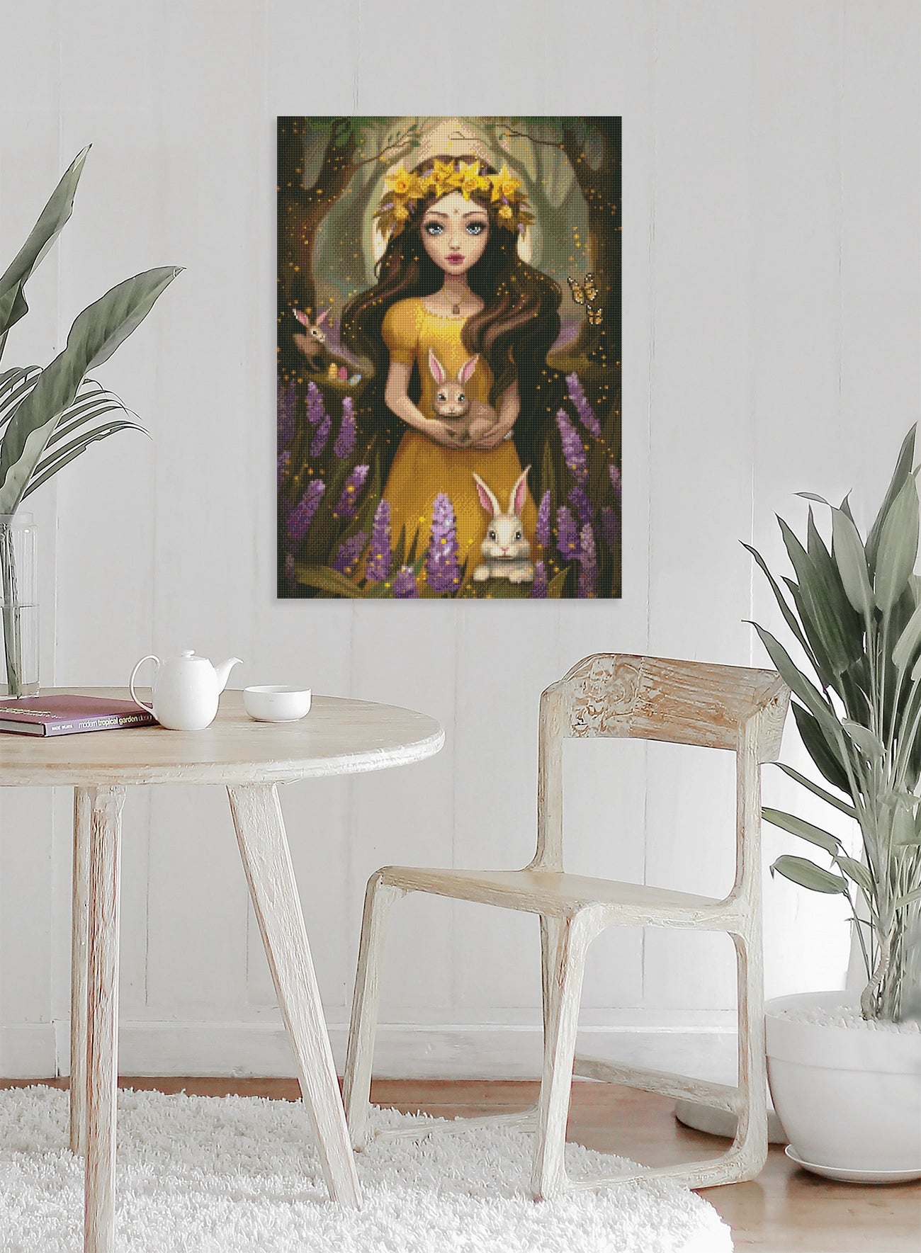 Frühlingshaftes Diamond Painting mit Mädchen, Narzissen und Hasen als zauberhafte Wanddekoration