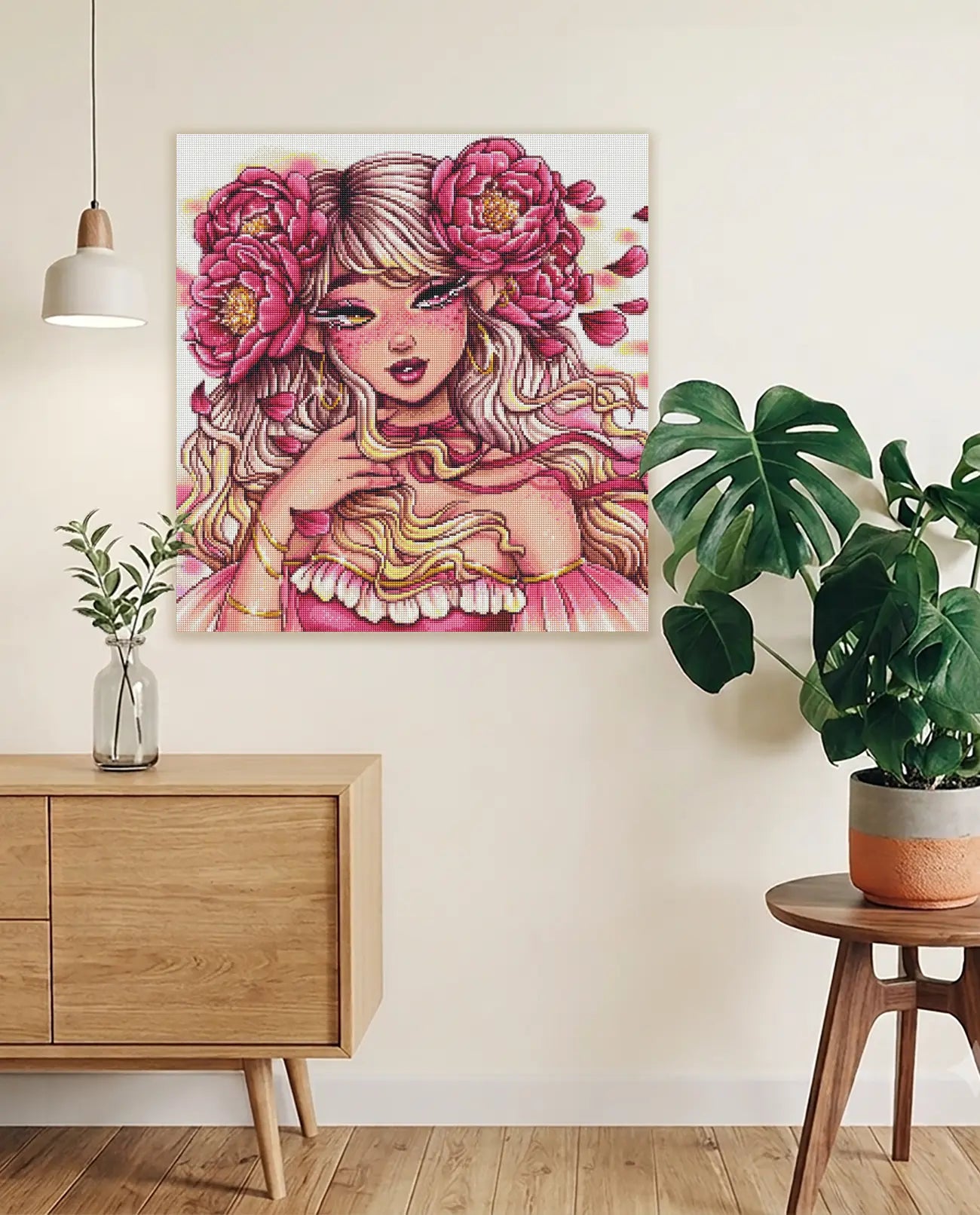 Diamond Painting Elfe mit Pfingstrosen als märchenhafte Wanddekoration für dein Zuhause