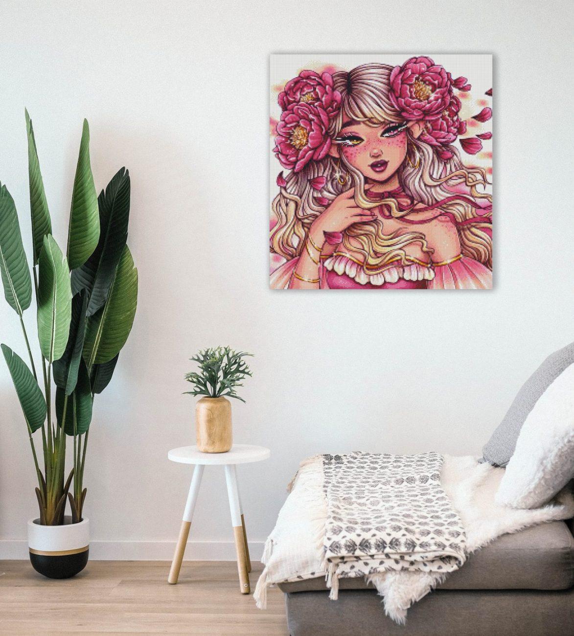 Diamond Painting Elfe mit Pfingstrosen als märchenhafte Wanddekoration für dein Zuhause
