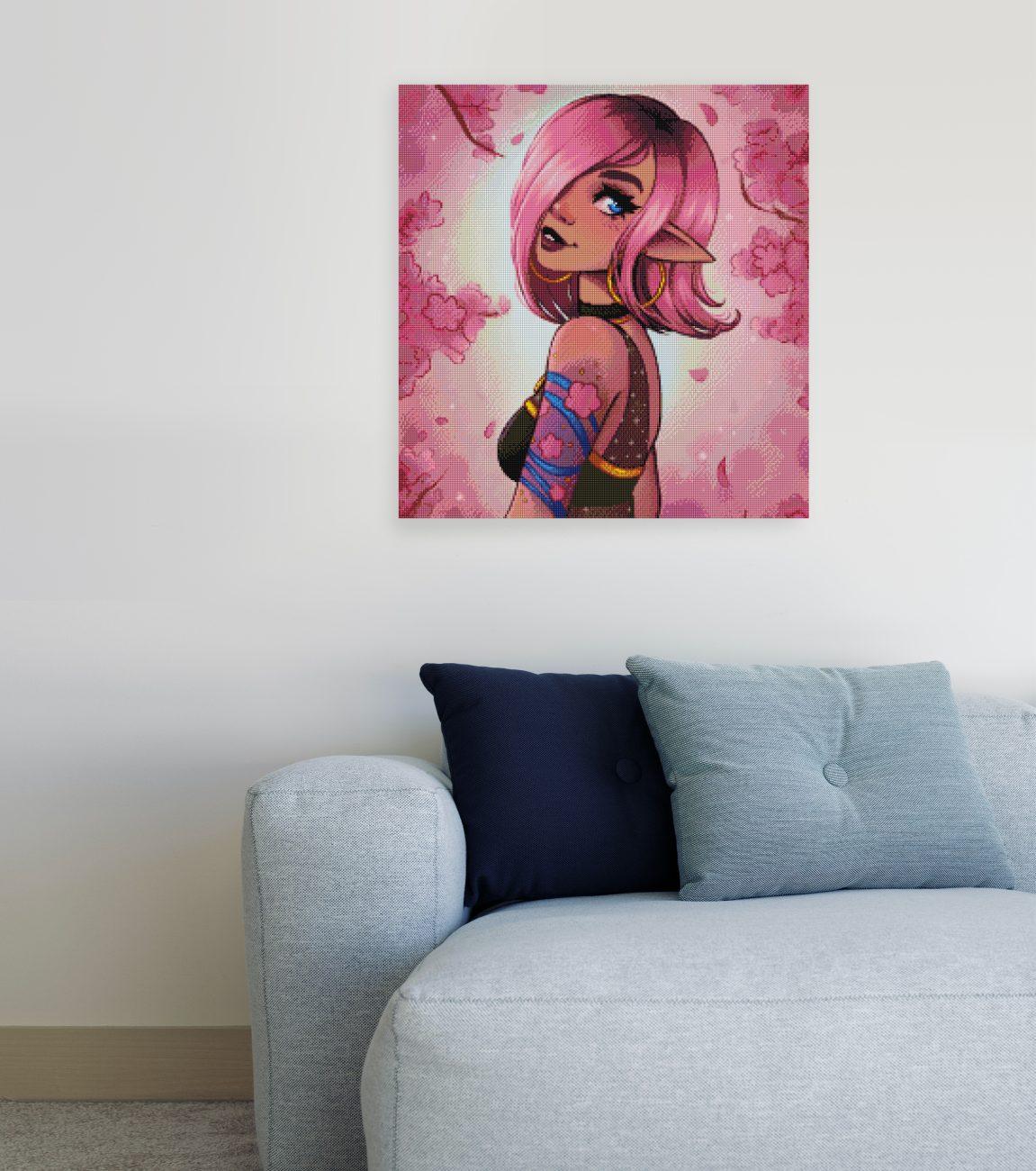 Diamond Painting Pink Elf mit Blumen und Elfenohren als märchenhafte Fantasy Wanddekoration