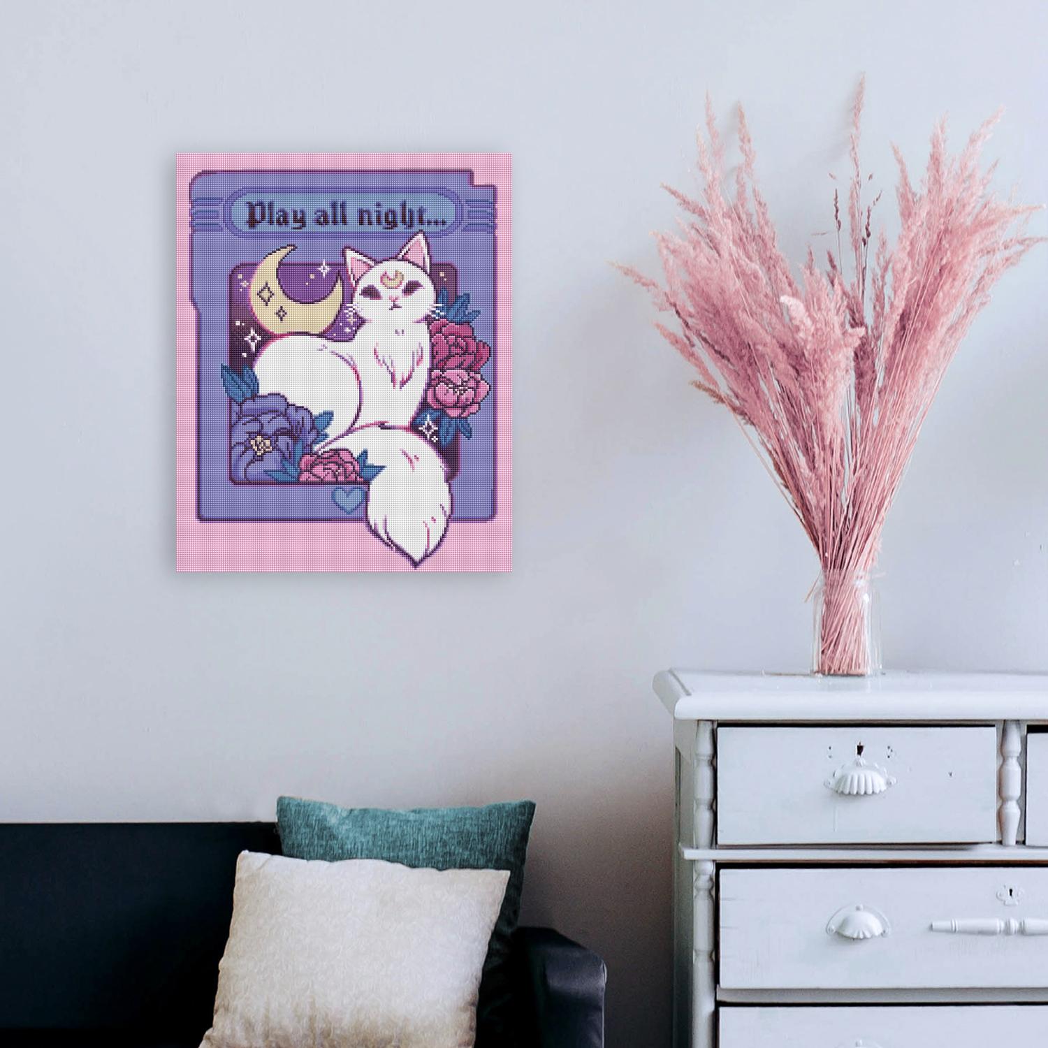 Diamond Painting magische Katze unter Halbmond und Sternenhimmel als märchenhafte Fantasy Wanddekoration