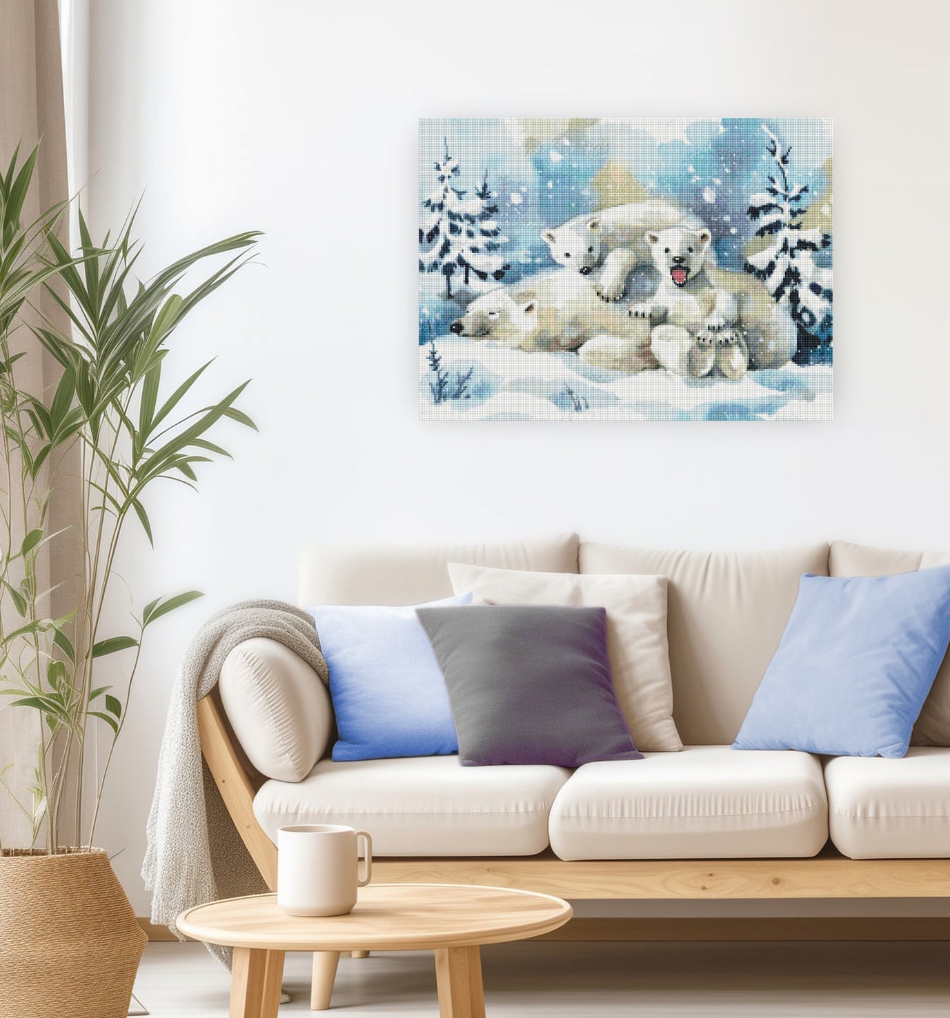 Liebevolles Diamond Painting mit Eisbärenfamilie im Schnee als winterliche Wanddekoration