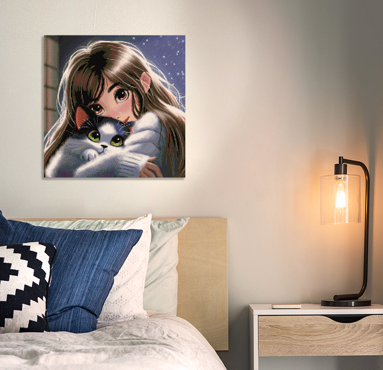 Gemütliches Diamond Painting mit Mädchen und Katze unter einem funkelnden Sternenhimmel als liebevolle Wanddekoration