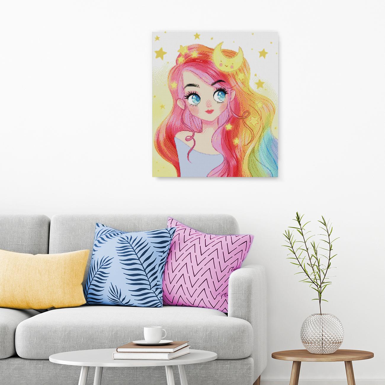 Farbenfrohes Diamond Painting mit Mädchenportrait, Mond und Sternenhimmel als verträumte Wanddekoration