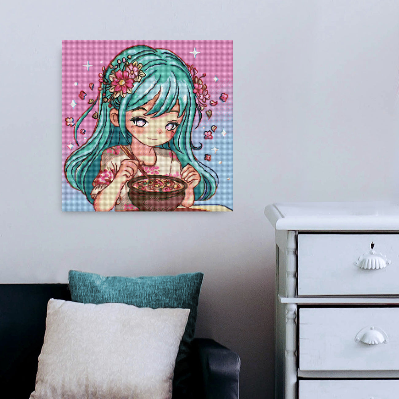 Diamond Painting Anime Mädchen als moderne Wanddekoration im Wohn- oder Hobbyzimmer