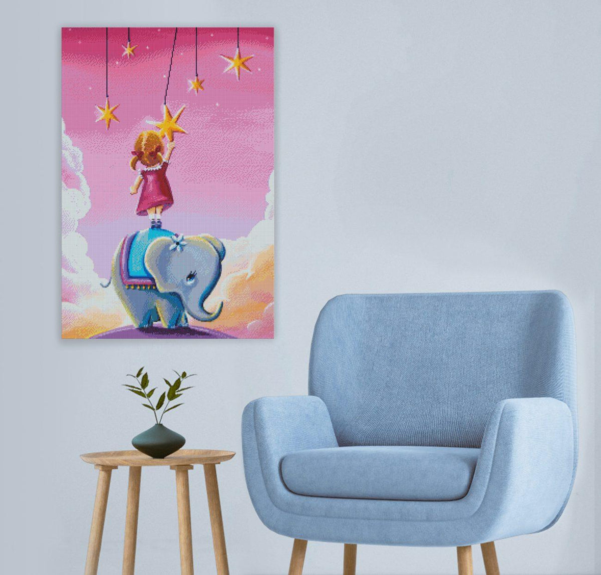 Zauberhaftes Diamond Painting mit Mädchen und Elefant unter einem funkelnden Sternenhimmel als verträumte Wanddekoration