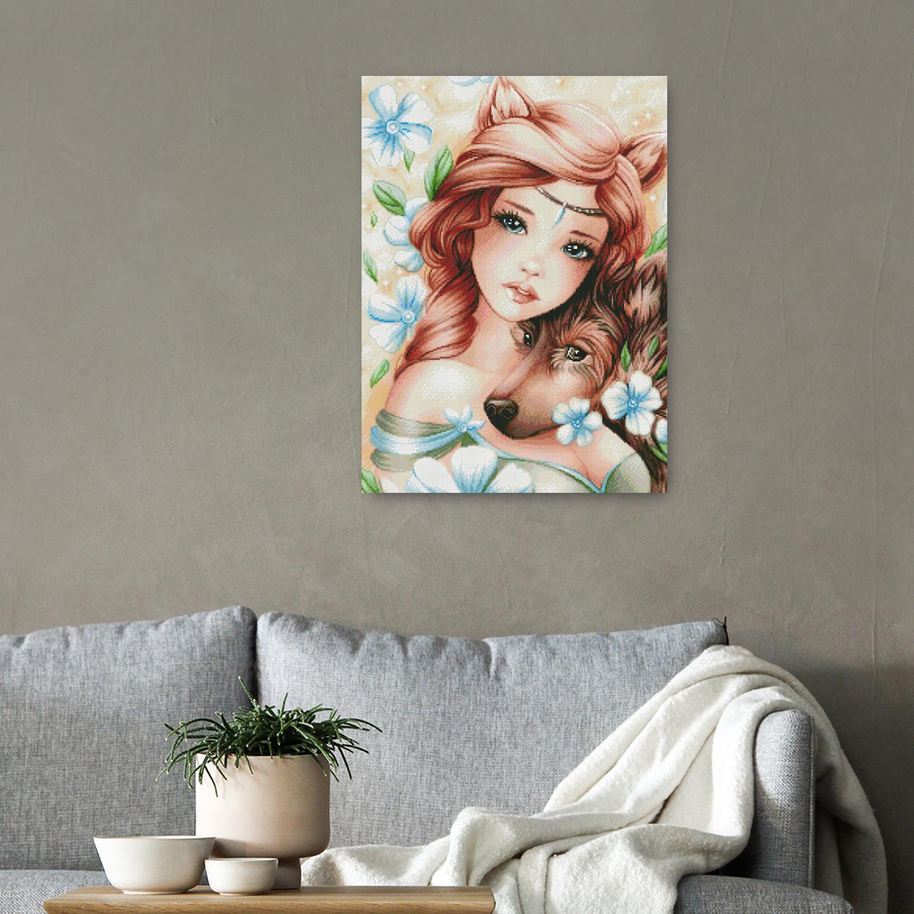 Märchenhaftes Diamond Painting mit rothaarigem Mädchen, Fuchsohren und Hund als zauberhafte Wanddekoration