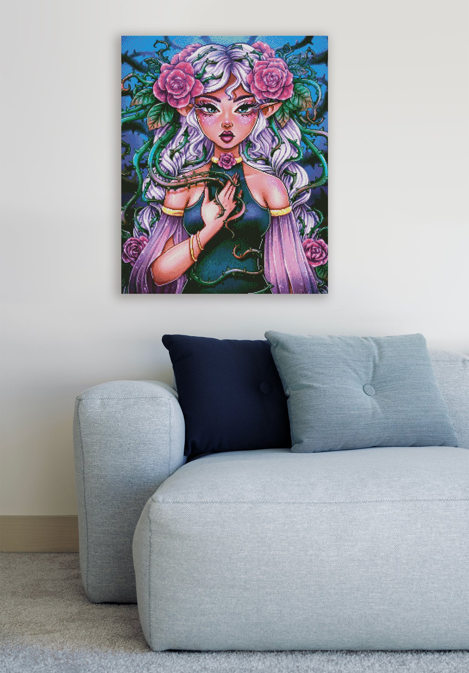Ausdrucksstarkes Diamond Painting mit Mädchen, Rosen und Dornenranken als romantische Wanddekoration