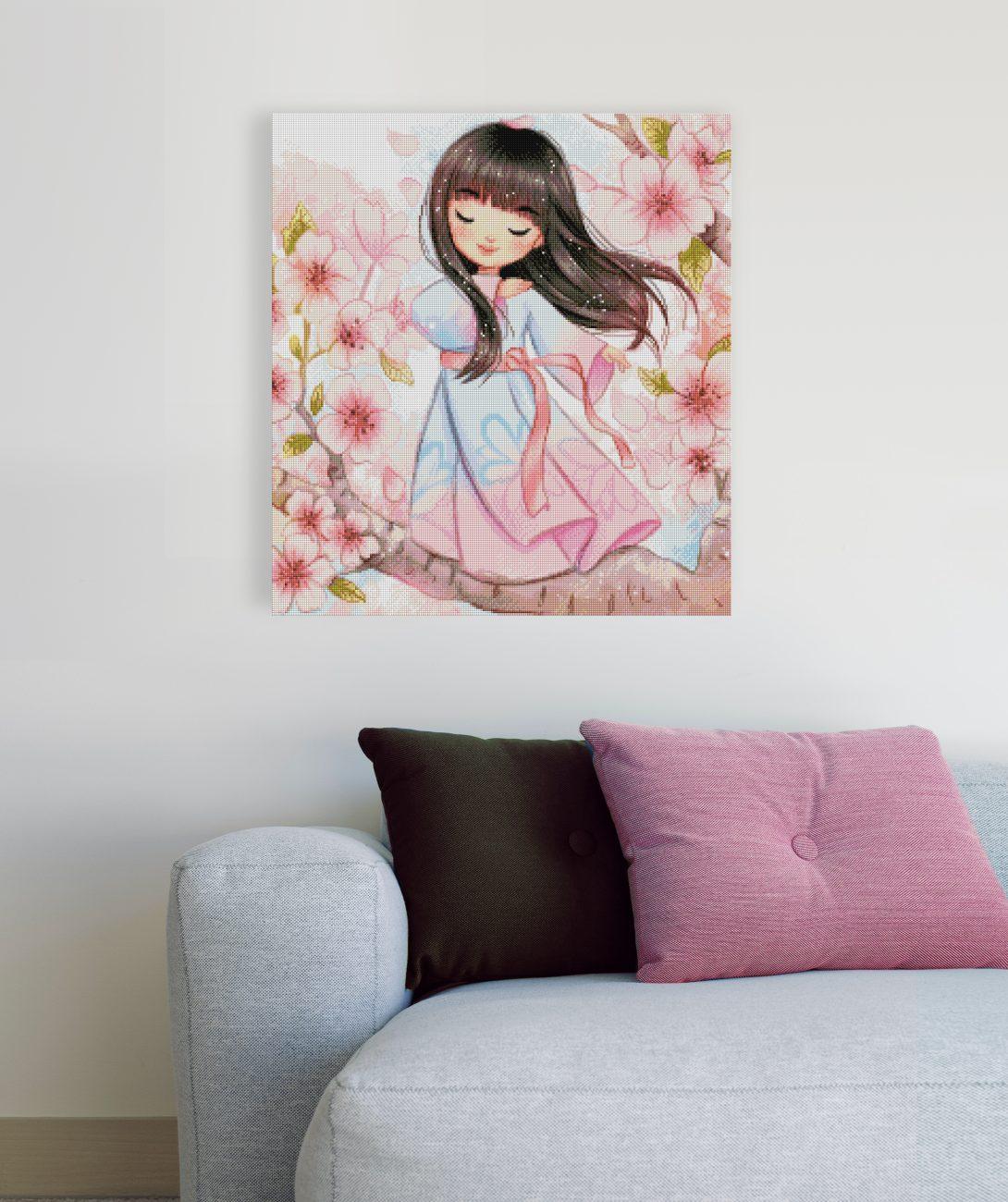 Zartes Diamond Painting mit japanischer Tänzerin und blühenden Kirschblüten als dekorative Wandgestaltung