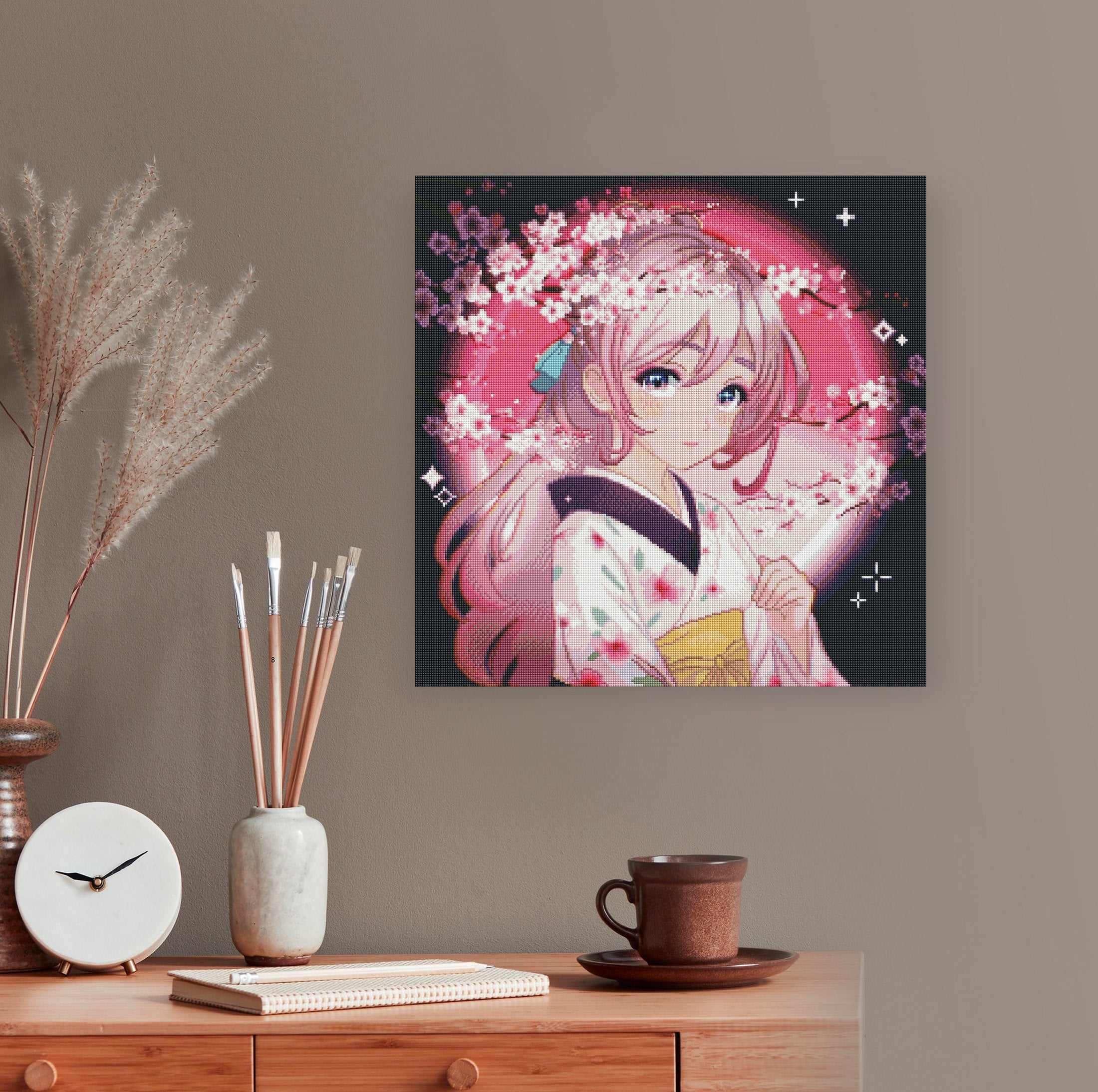 Zartes Diamond Painting mit Mädchen im Kimono und Kirschblüten als romantische Wanddekoration