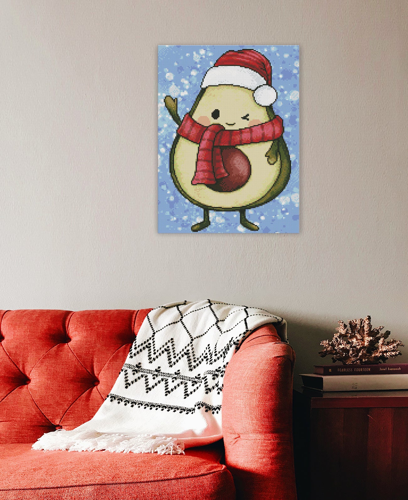 Humorvolles Diamond Painting mit Avocado im Weihnachtslook als originelle Weihnachtsdekoration