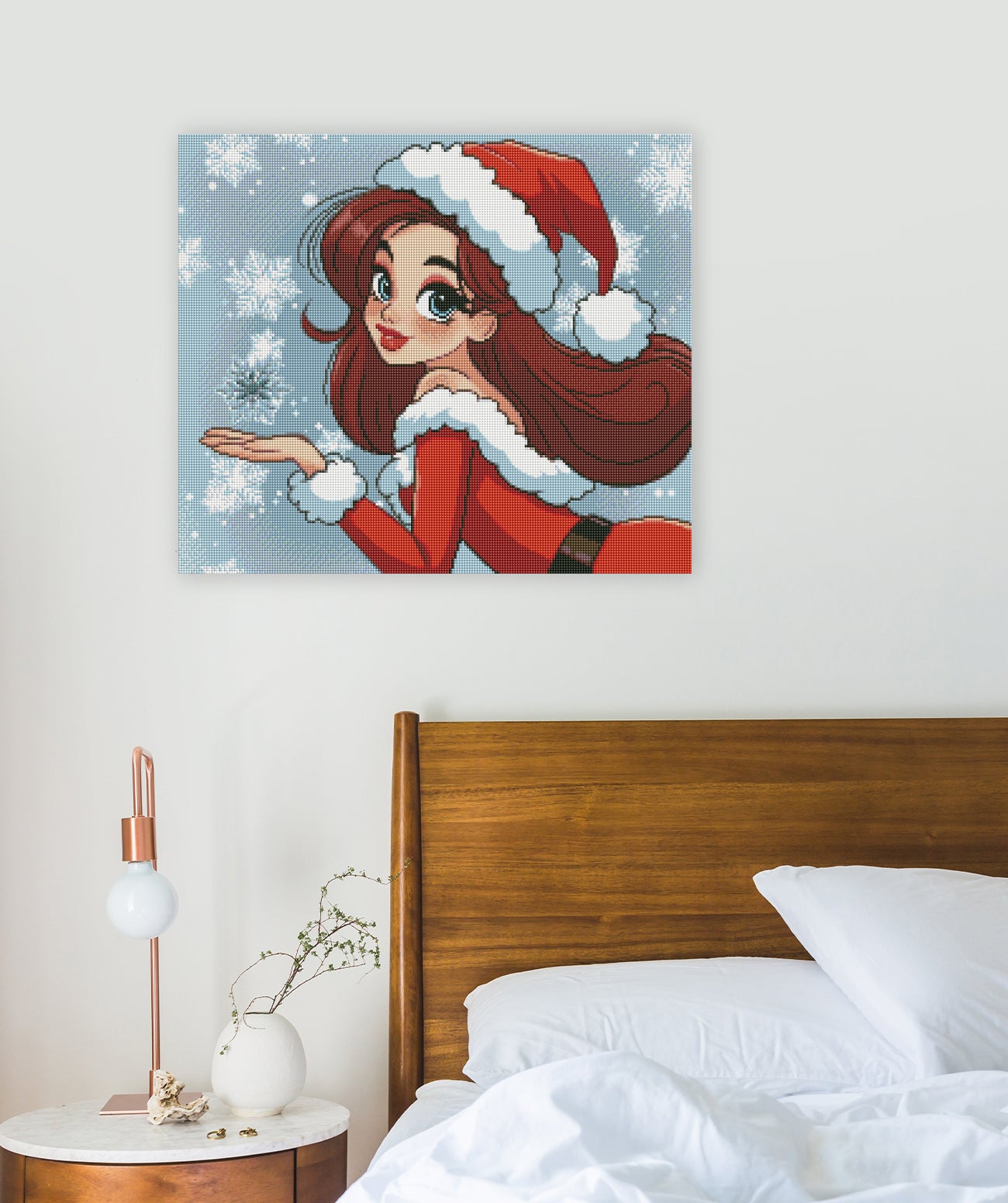 Diamond Painting Santa Girl mit Schneekristallen als festliche Weihnachtsdekoration für dein Zuhause
