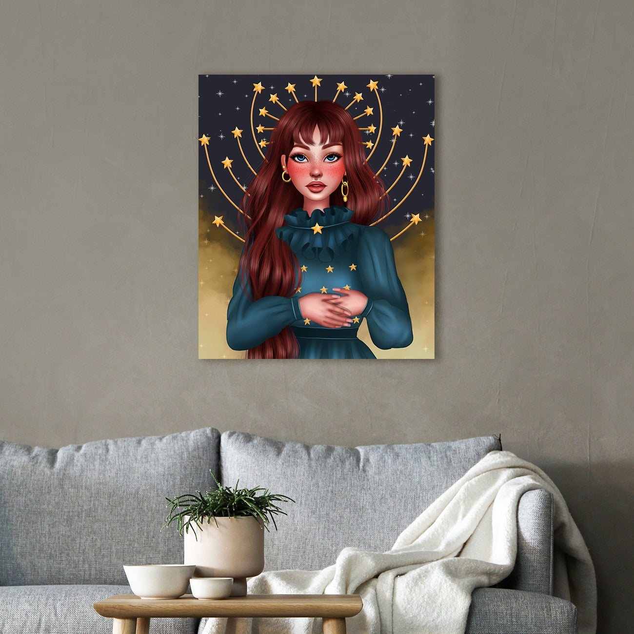 Mystisches Diamond Painting mit einer geheimnisvollen Gestalt, Sternen und Sternenkonstellationen als zauberhafte Wanddekoration