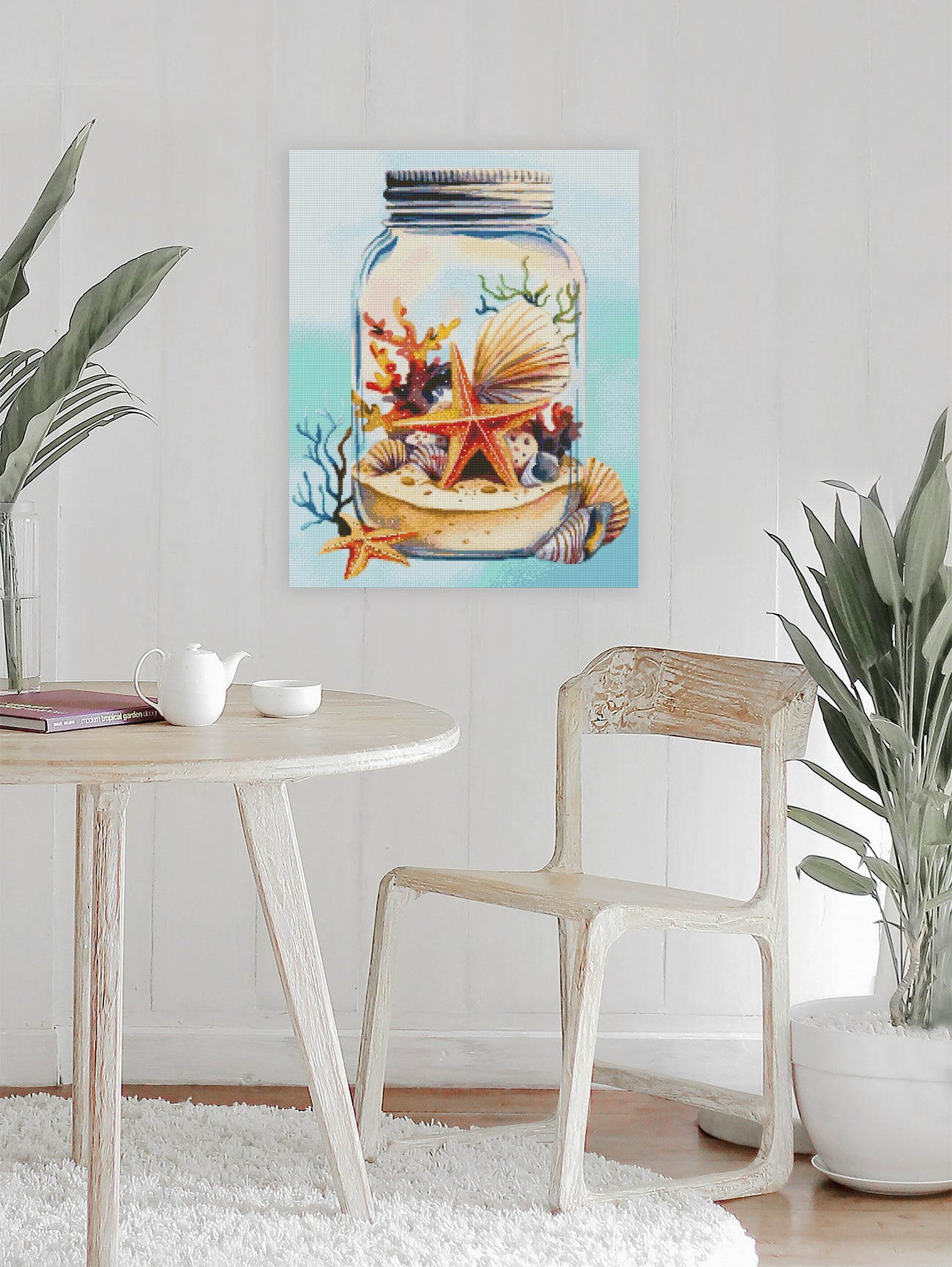Maritimes Diamond Painting mit Seestern, Muscheln und Korallen im Glas als dekorative Wanddekoration für Strand- und Meeresliebhaber