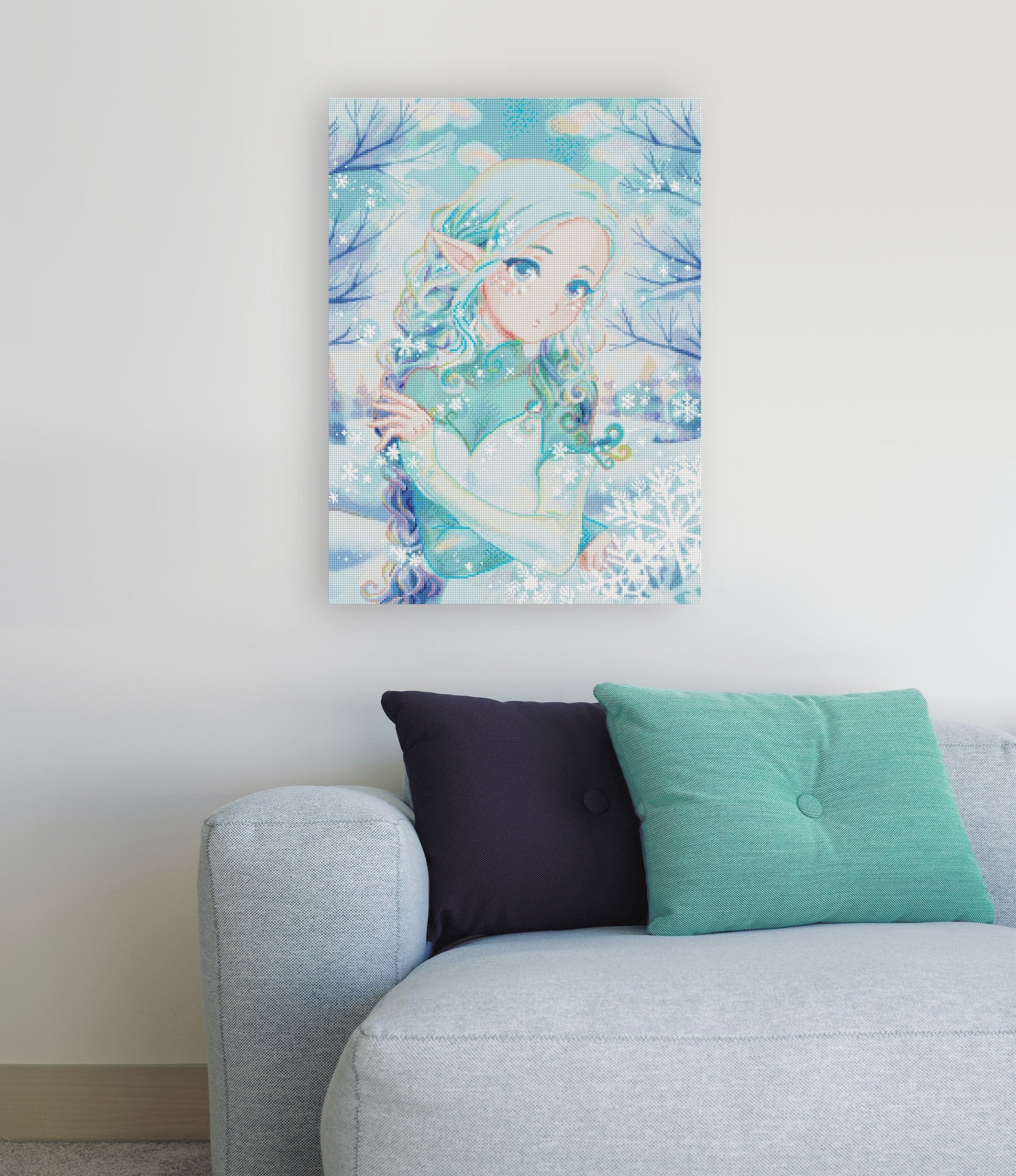 Diamond Painting von Hiroko mit Schneefee und funkelnden Schneeflocken als märchenhafte Winterdekoration