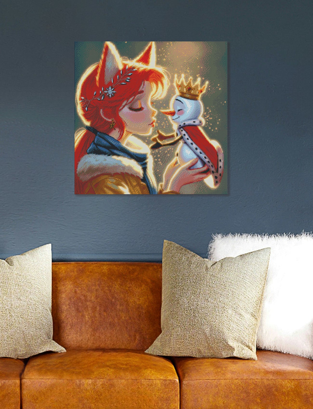 Zauberhaftes Winter-Diamond-Painting mit rothaarigem Fuchsmädchen und kleinem Schneemann beim verspielten Kuss als liebevolle Wanddekoration