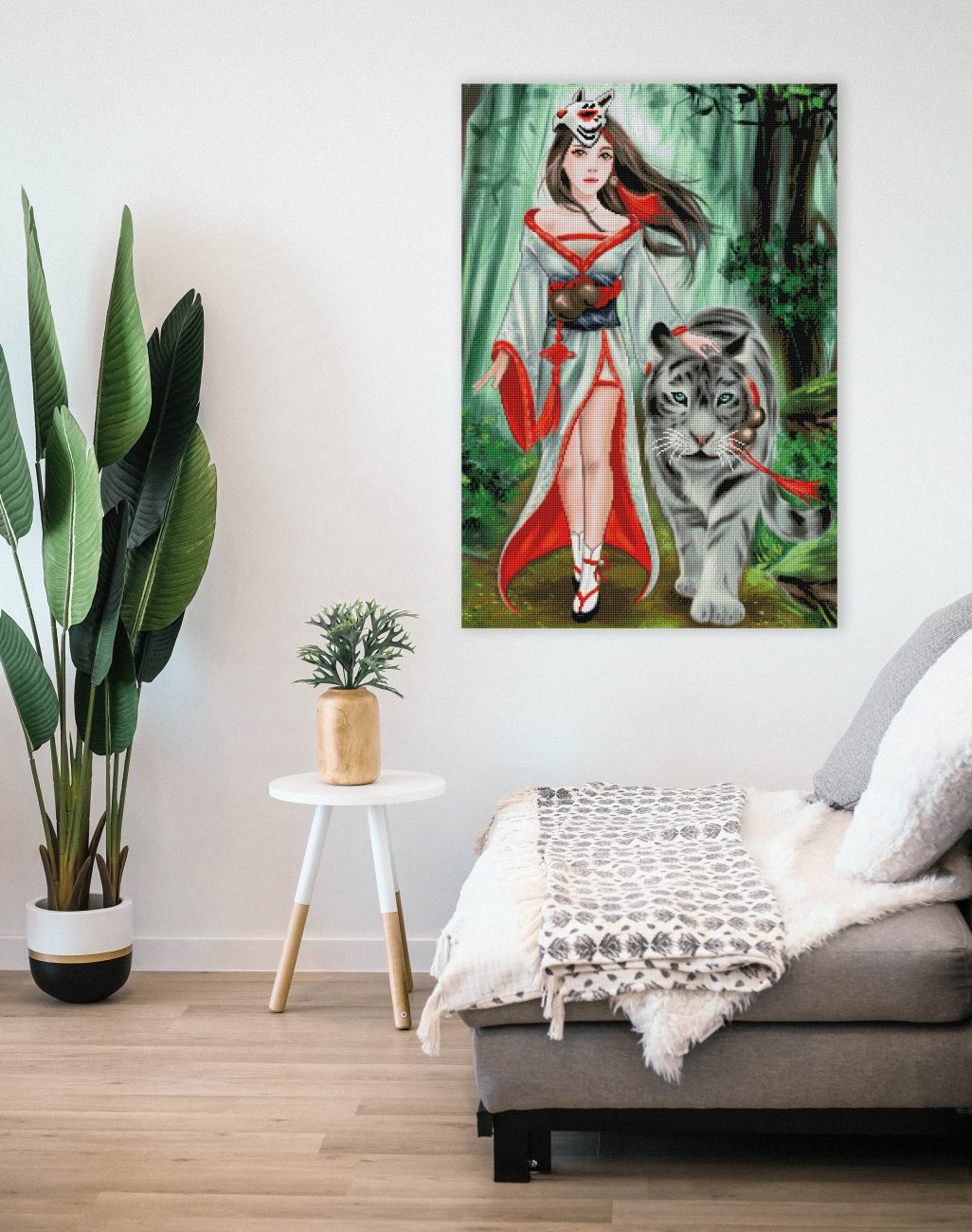 Diamond Painting Mädchen mit Tiger im Wald als stimmungsvolle Fantasy Wanddekoration