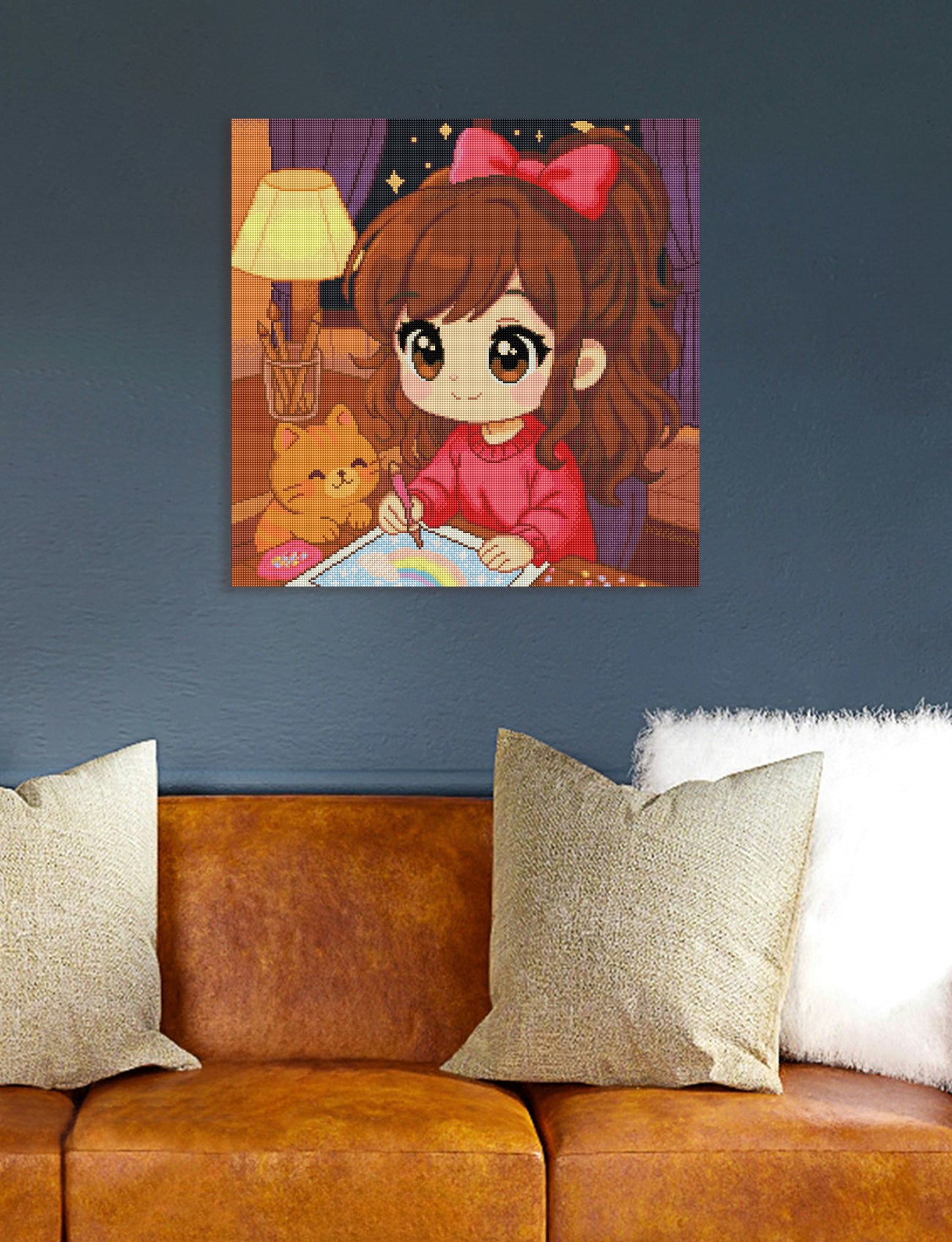 Gemütliches Diamond Painting mit Mädchen, Katze und kreativem Bastelmoment im Wohnzimmer als liebevolle Wanddekoration