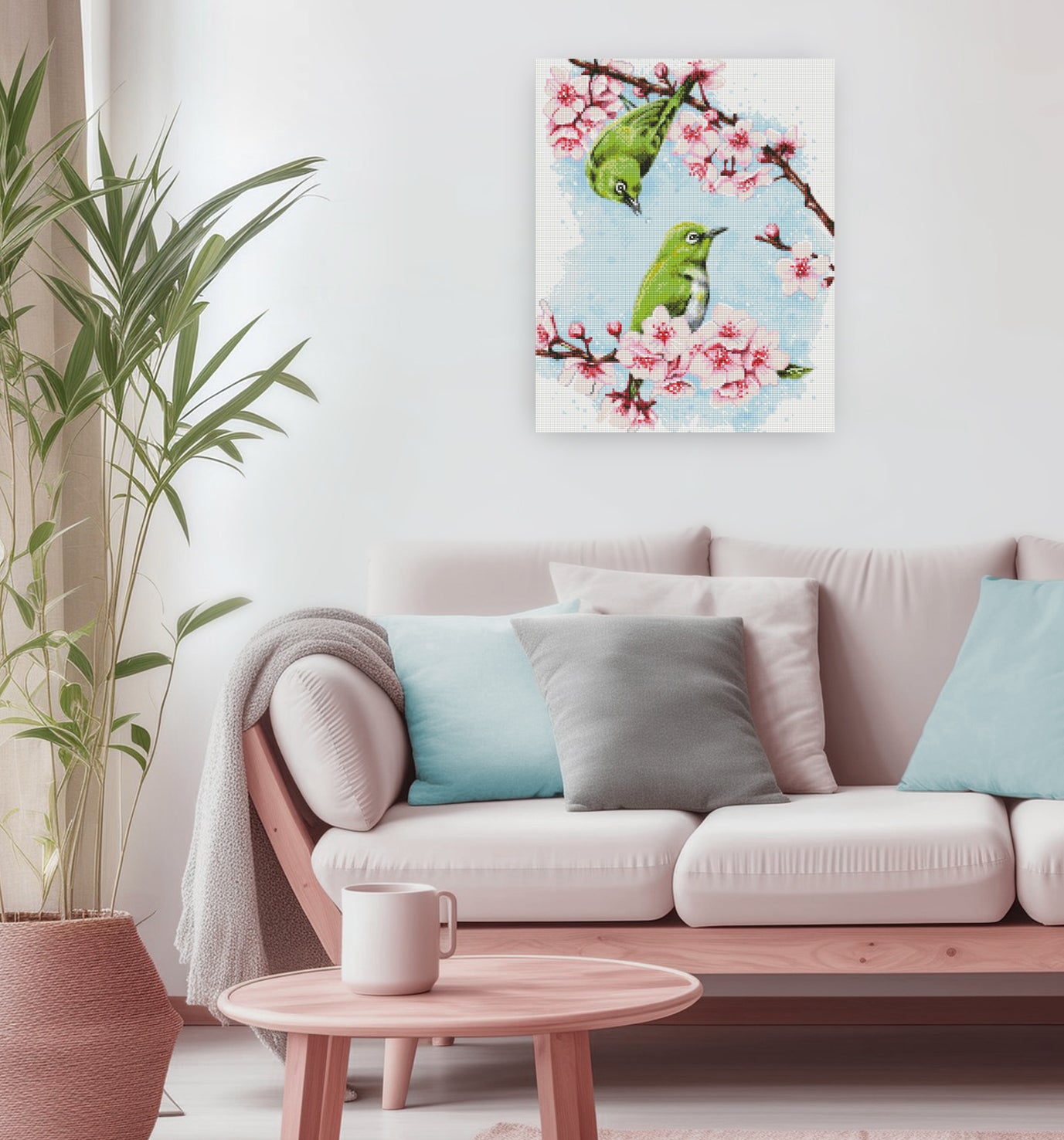 Frühlingshaftes Diamond Painting mit grünen Vögeln und rosa Kirschblüten als zauberhafte Wanddekoration