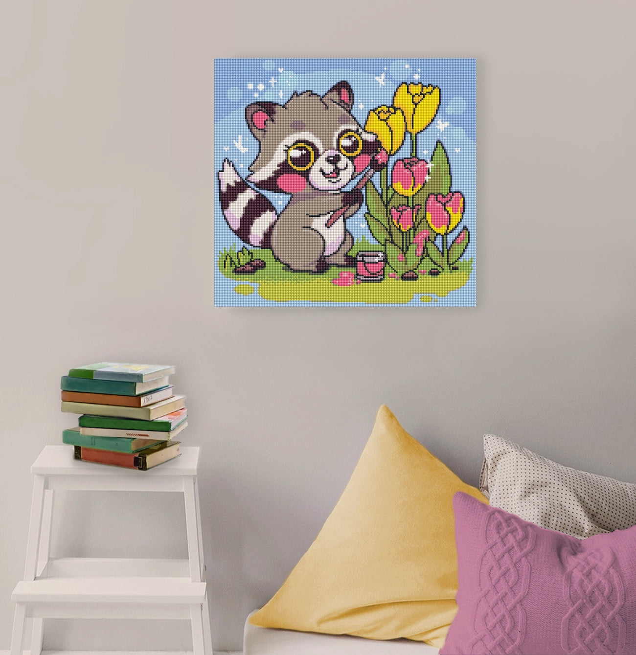 Diamond Painting Waschbär mit Pinsel und Blumen als niedliche Frühlings Wanddekoration