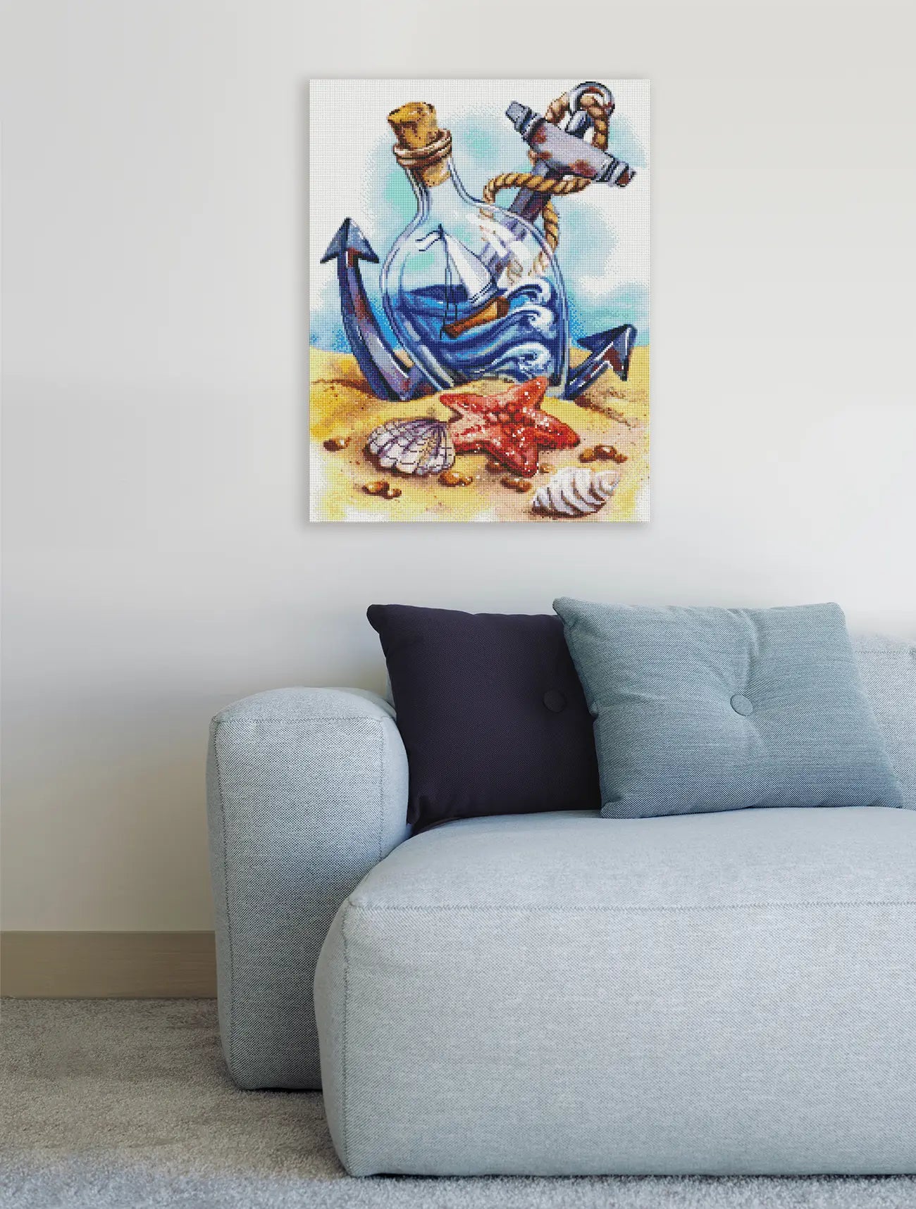 Maritimes Diamond Painting mit Flaschenschiff und Stranddetails als sommerliche Wanddekoration für dein Zuhause