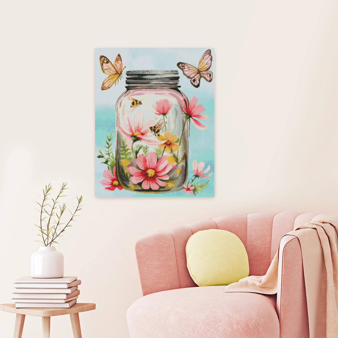 Diamond Painting Einmachglas mit Blumen als sommerliche Wanddekoration für dein Zuhause