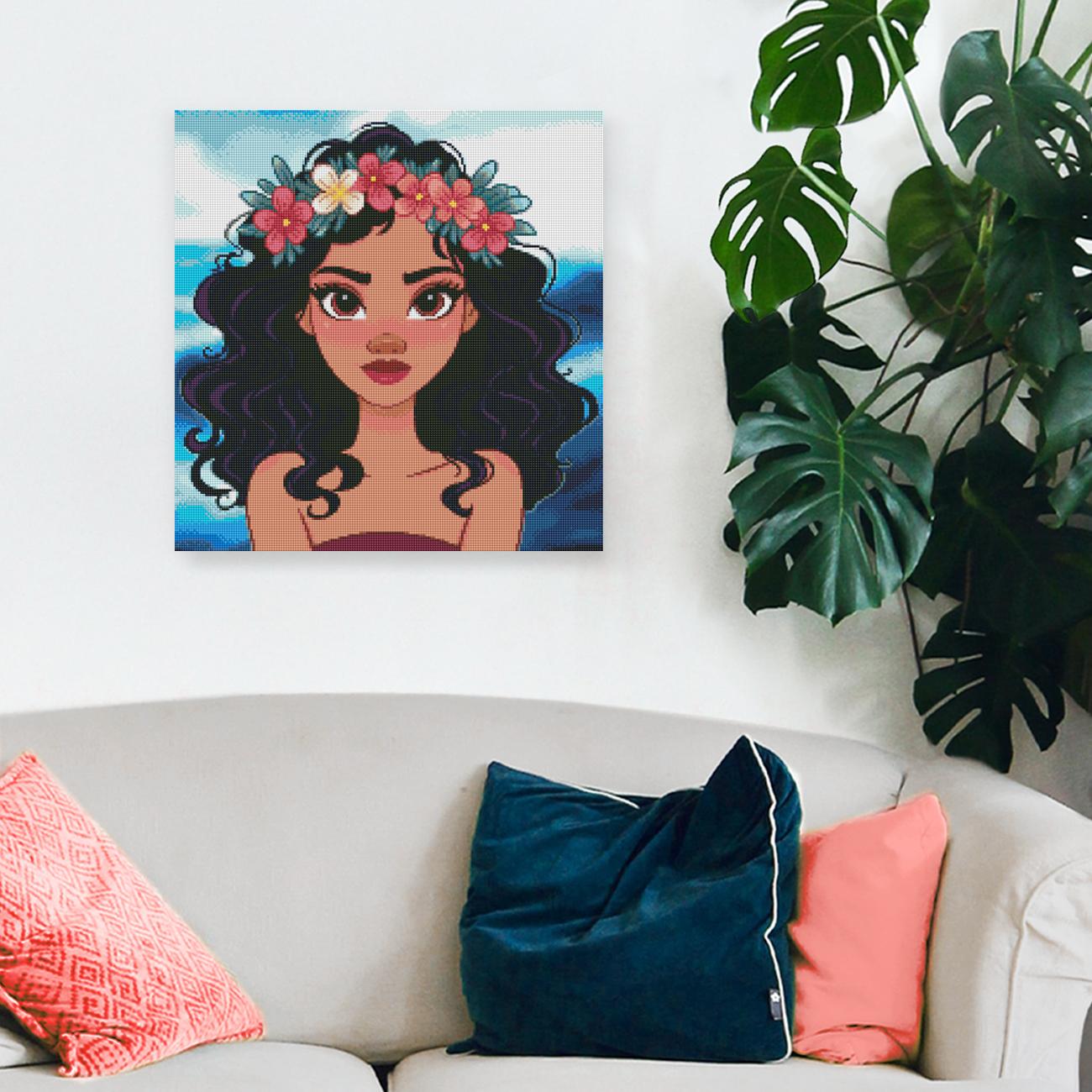 Diamond Painting exotisches Mädchen mit Blumen als tropische Wanddekoration für dein Zuhause