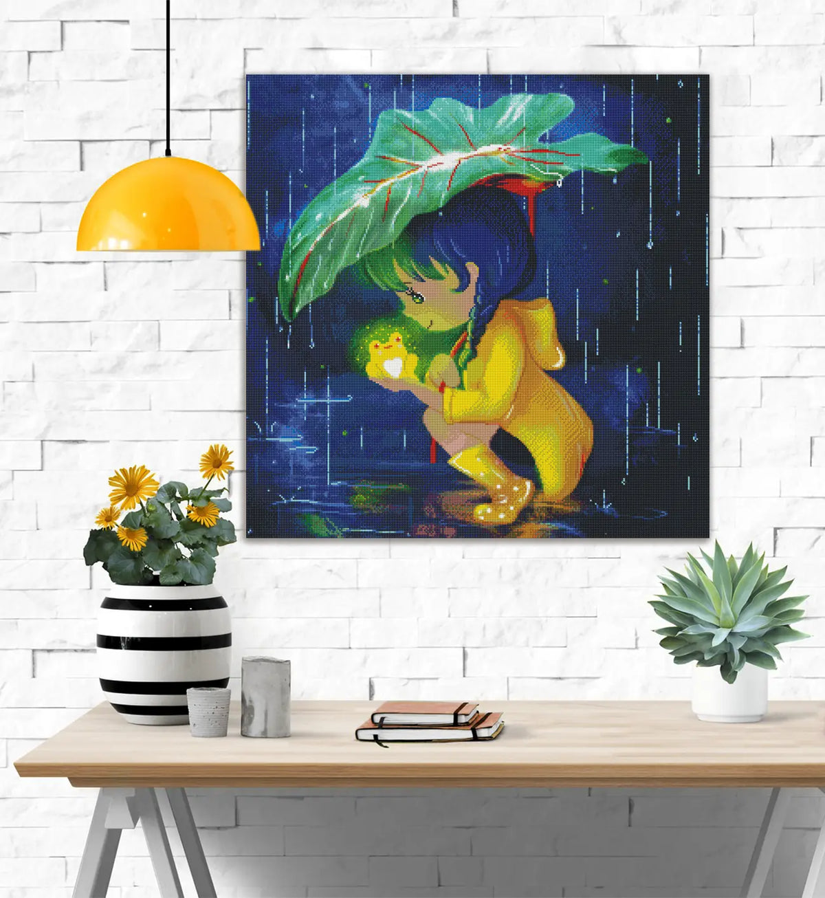 Stimmungsvolles Diamond Painting mit Mädchen, leuchtendem Frosch und Regenlandschaft als besondere Wanddekoration
