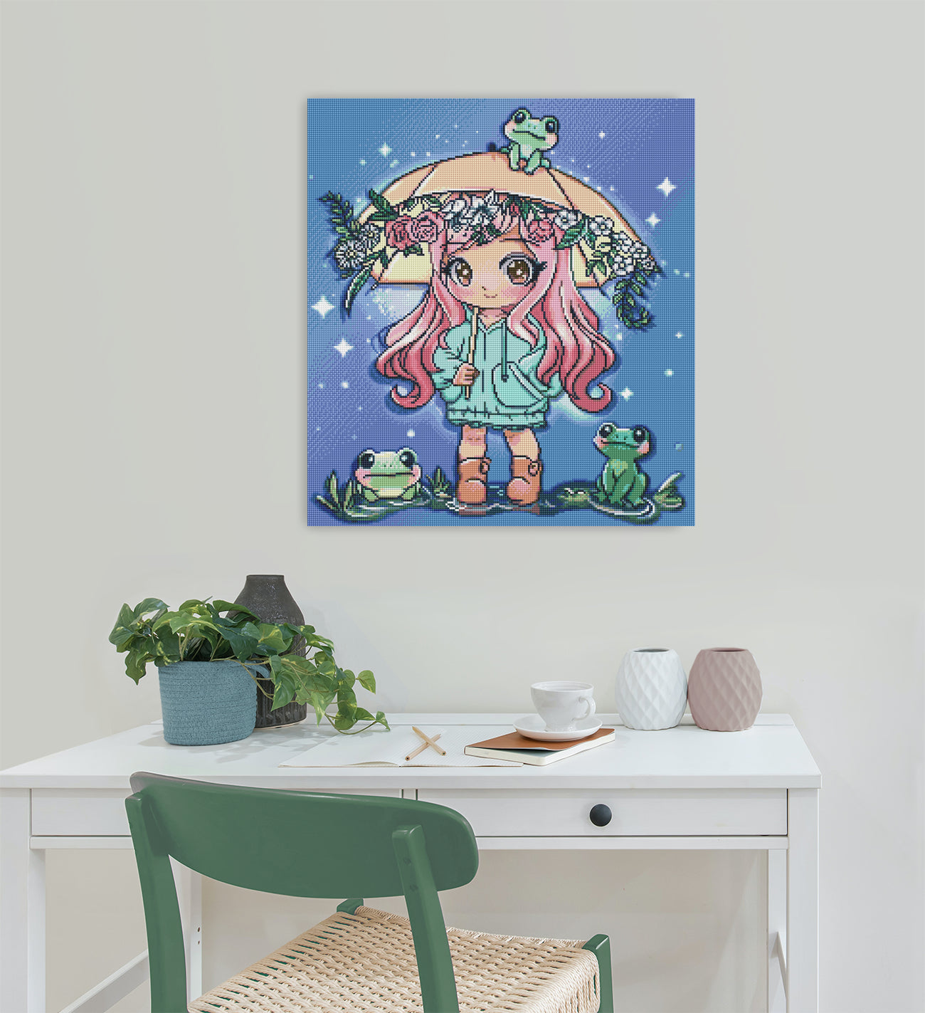 Verspieltes Diamond Painting mit Mädchen, Fröschen und Blumenschirm als zauberhafte Wanddekoration