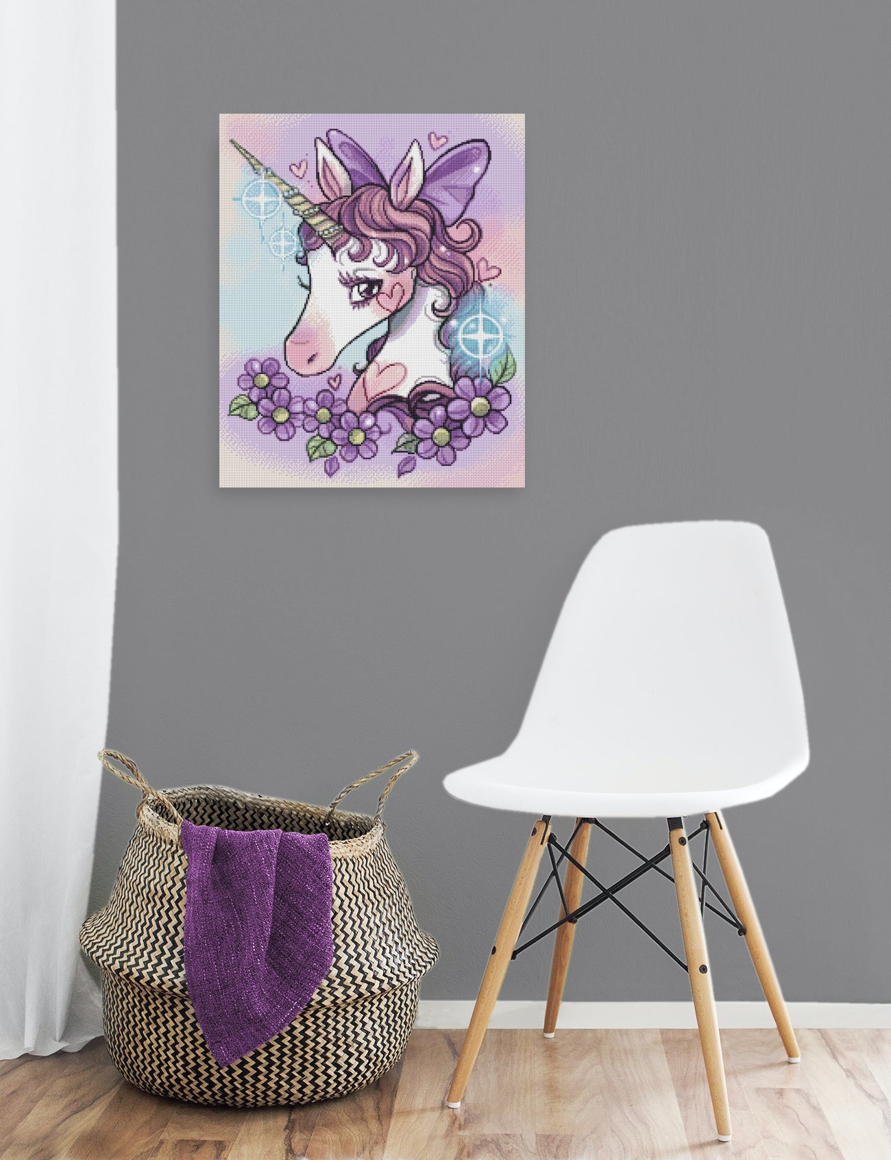 Diamond Painting Einhorn mit Blumen als zauberhafte Wanddekoration im Kinder- oder Hobbyzimmer