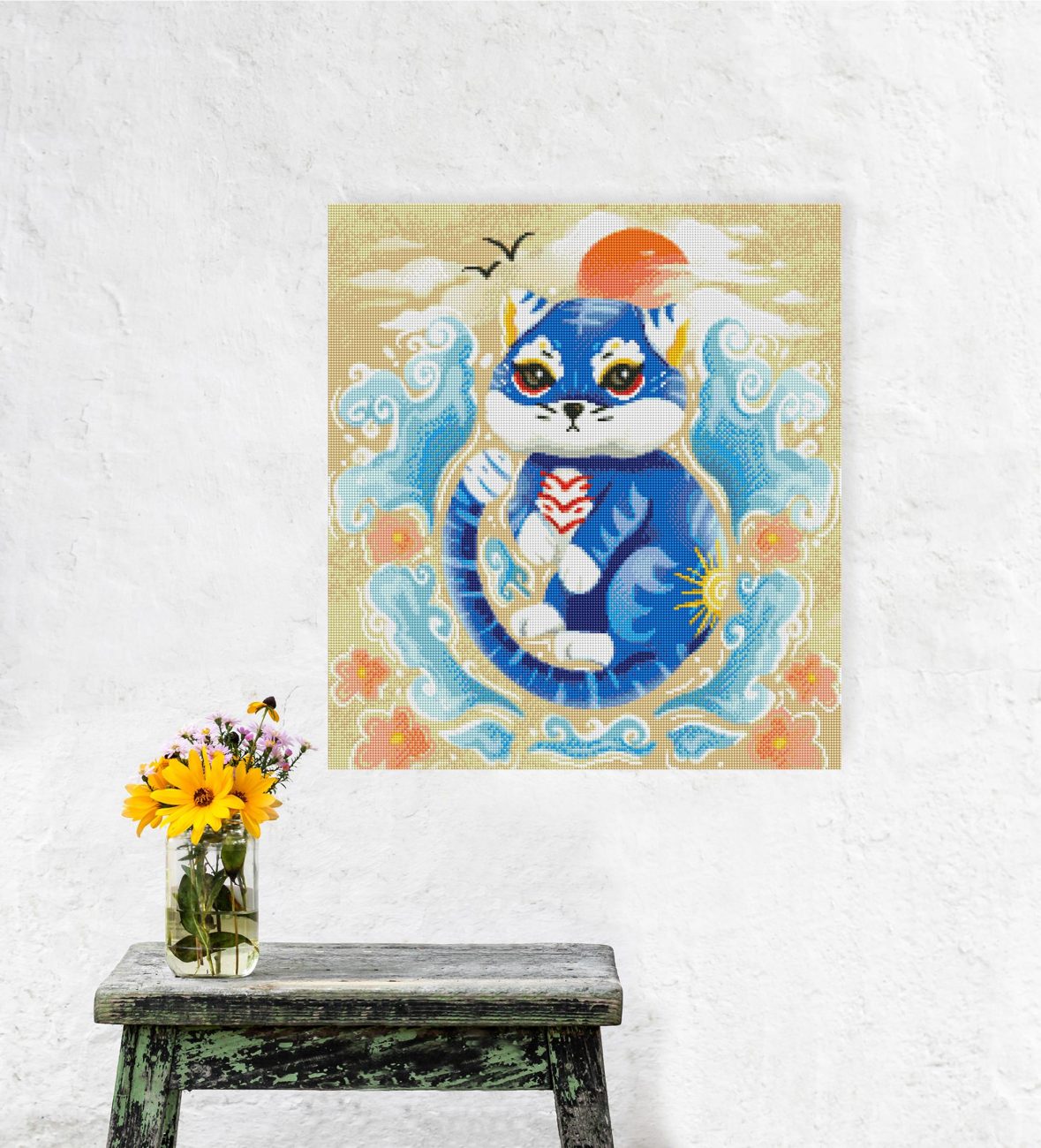 Ausdrucksstarkes Diamond Painting mit blauem Tiger und asiatischen Elementen als Fantasy Wanddekoration