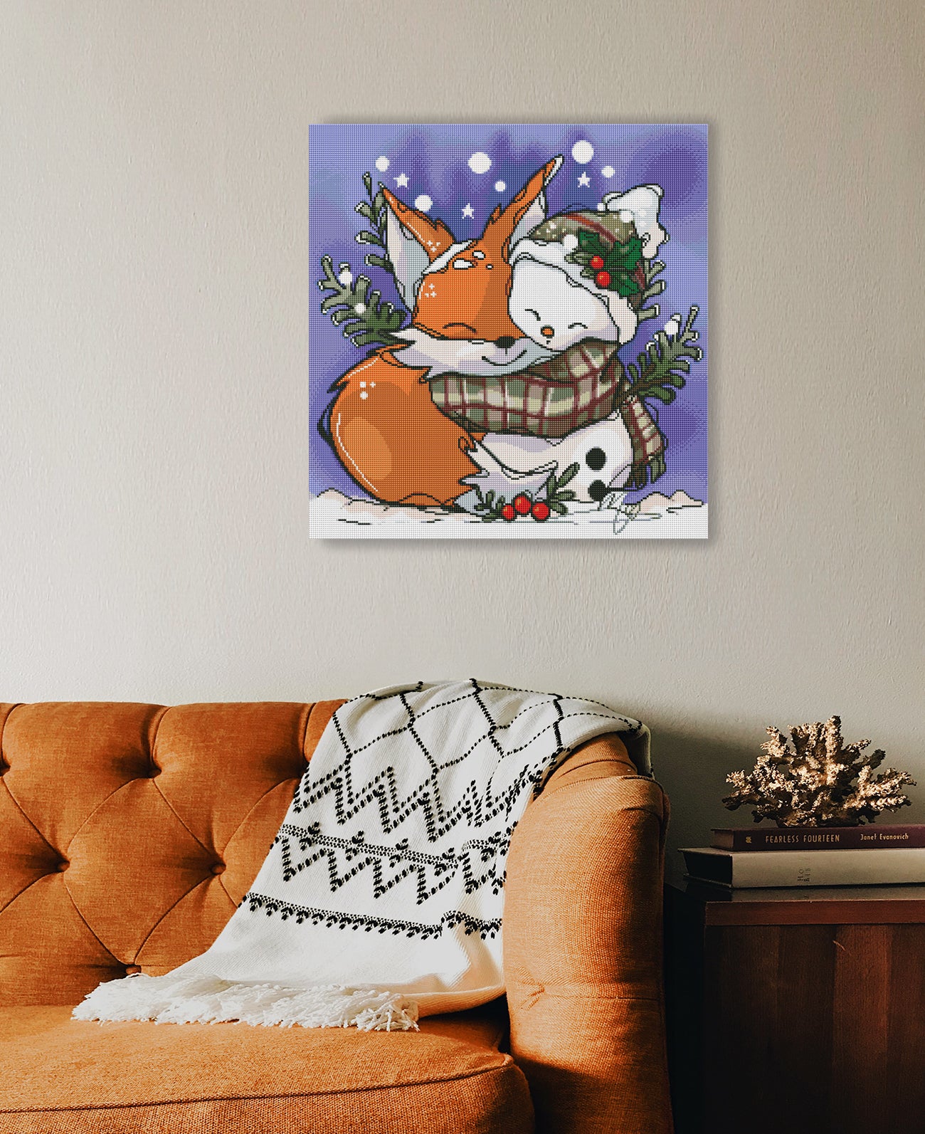 Herzerwärmendes Diamond Painting mit Fuchs und Schneemann als winterliche Wanddekoration für dein Zuhause