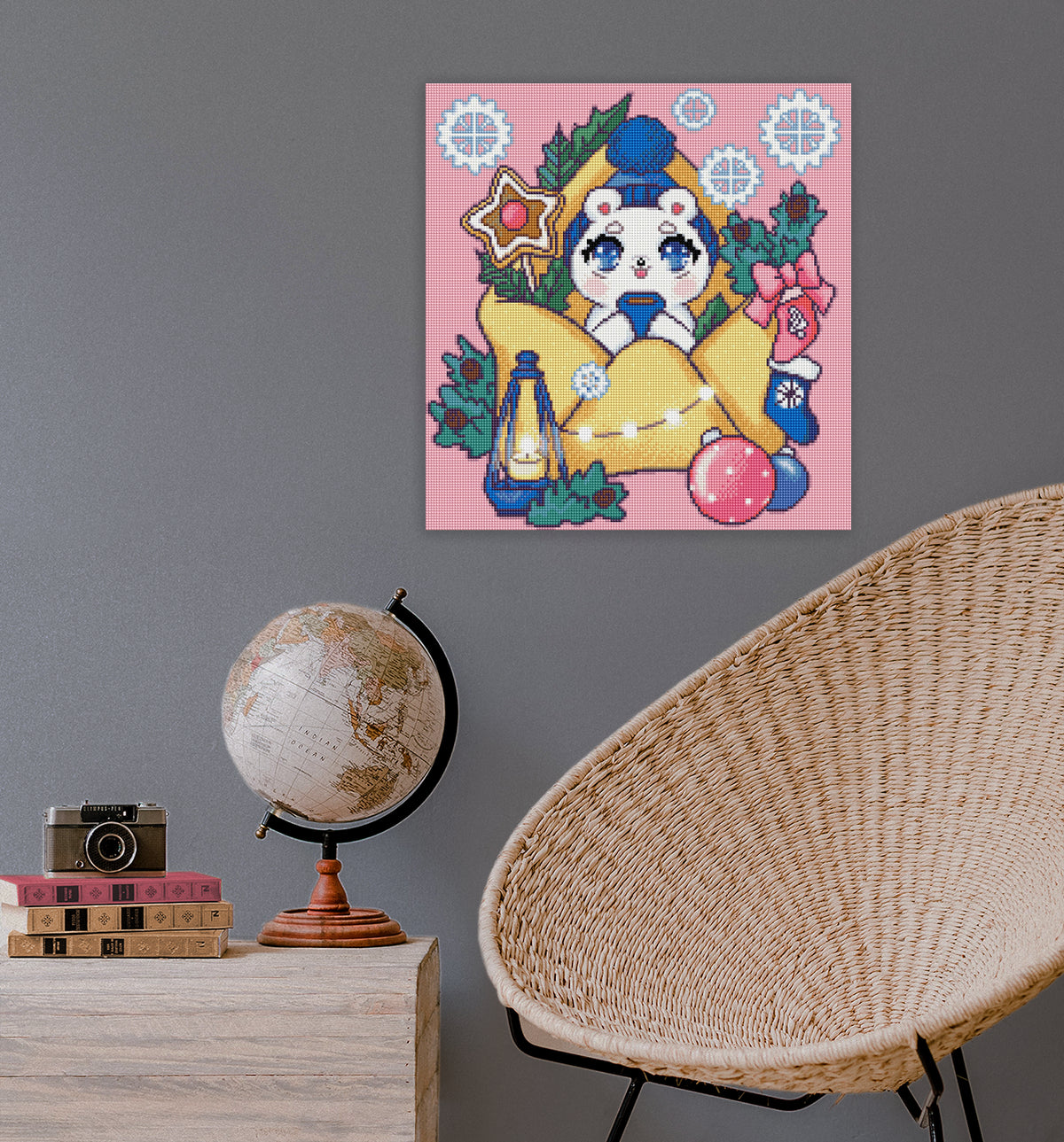 Zauberhaftes Winter-Diamond-Painting mit Eisbär und festlicher Briefszene als gemütliche Wanddekoration für Winter- und Weihnachtsfans