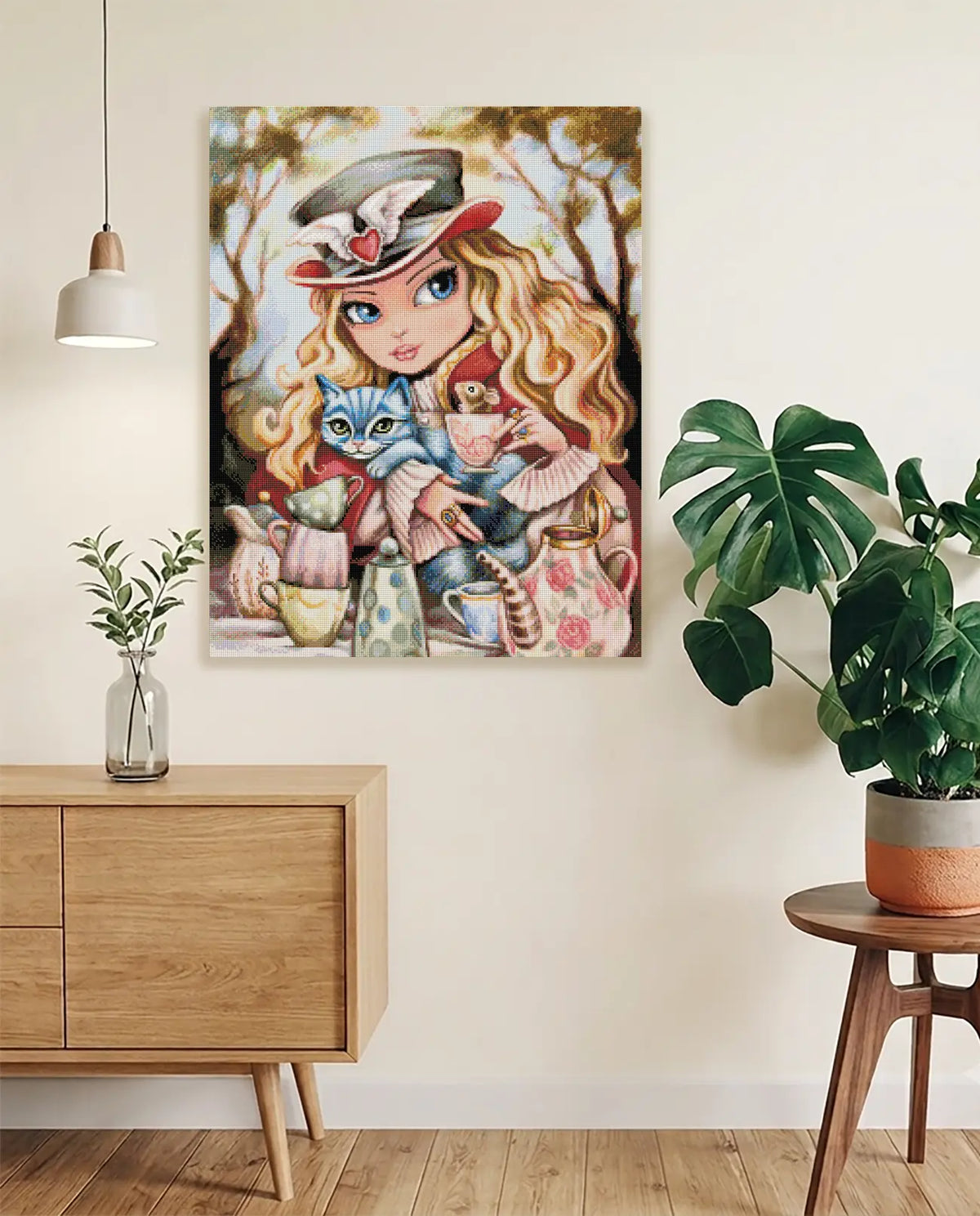 Märchenhaftes Diamond Painting mit Alice im Wunderland, Grinsekatze, Mäuschen  und Teetafel als fantasievolle Wanddekoration