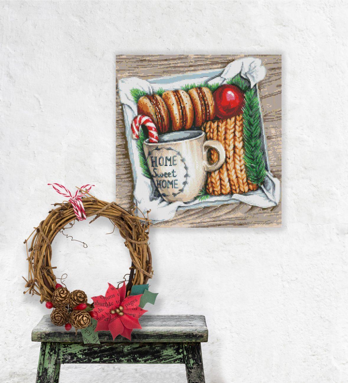 Gemütliches Diamond Painting mit weihnachtlicher Geschenkbox als festliche Wanddekoration für die Weihnachtszeit