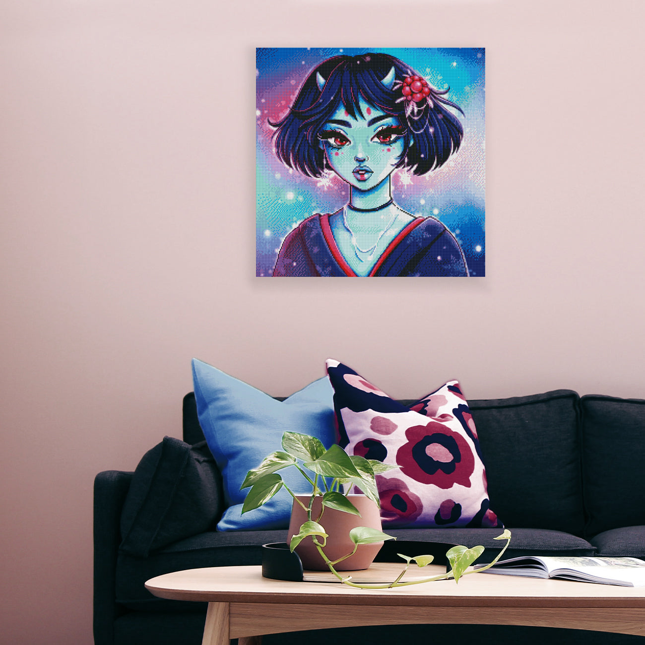 Diamond Painting Dämon Mädchen im Kimono als geheimnisvolle Fantasy Wanddekoration