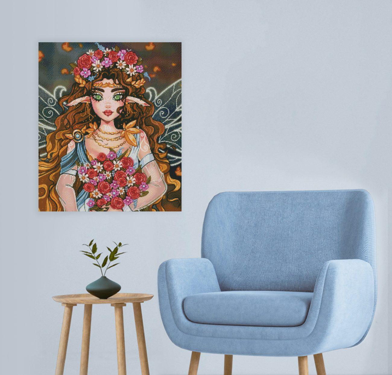 Diamond Painting Fantasy Fee mit Blumen und Feenflügeln als zauberhafte Wanddekoration