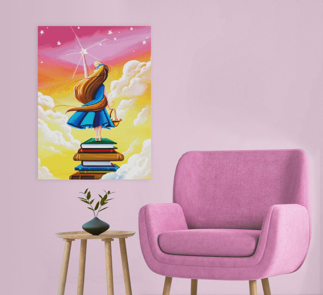 Verträumtes Diamond Painting mit Mädchen auf einem Bücherstapel und Stern als zauberhafte Wanddekoration