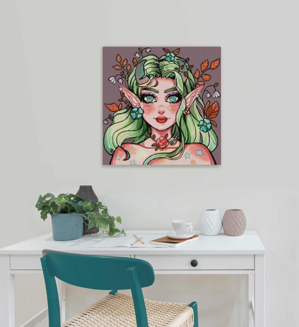 Diamond Painting Elfe mit Blumen und Blättern als märchenhafte Fantasy Wanddekoration