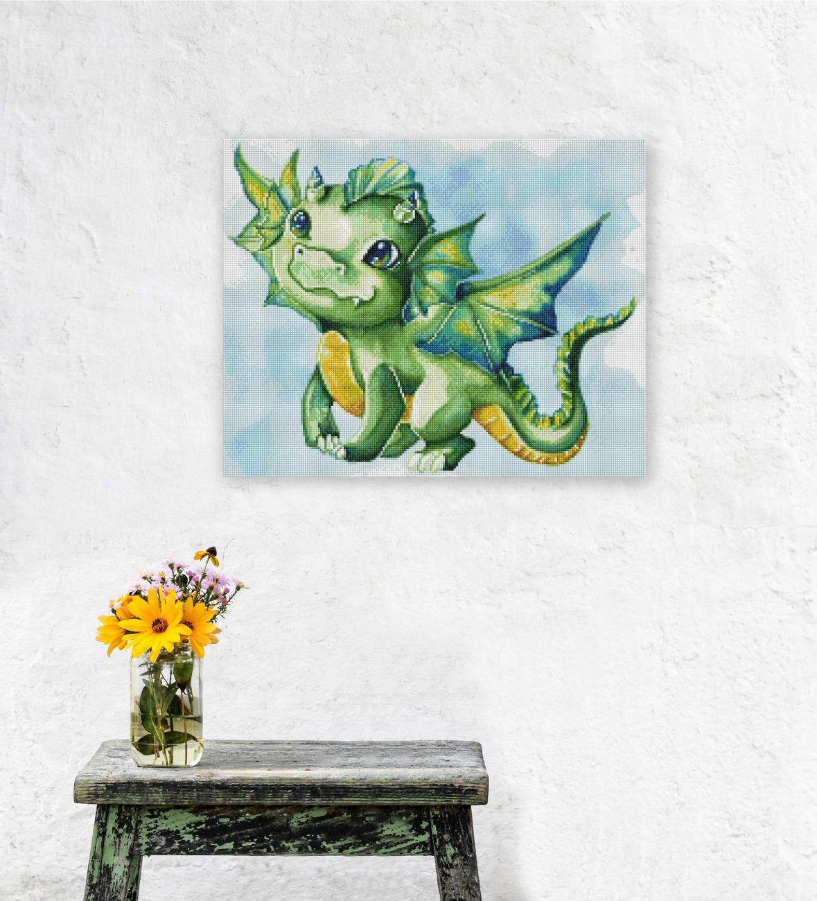 Diamond Painting kleiner grüner Drache als niedliche Fantasy Wanddekoration für dein Zuhause