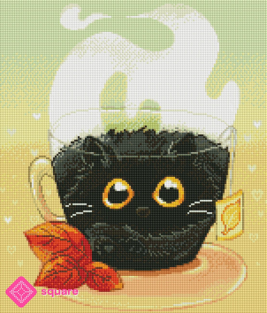 Diamond Painting Vorschau mit Katze und Tee Motiv
